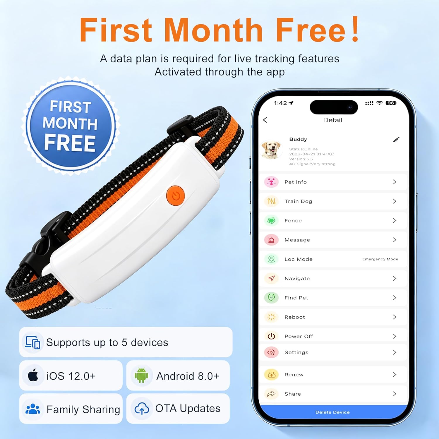 Smart GPS Pet Tracker & Wireless Dog Fence, Real-Time Location & Daily Activity Monitor, IP67 Waterproof, Adjustable Collar (White)