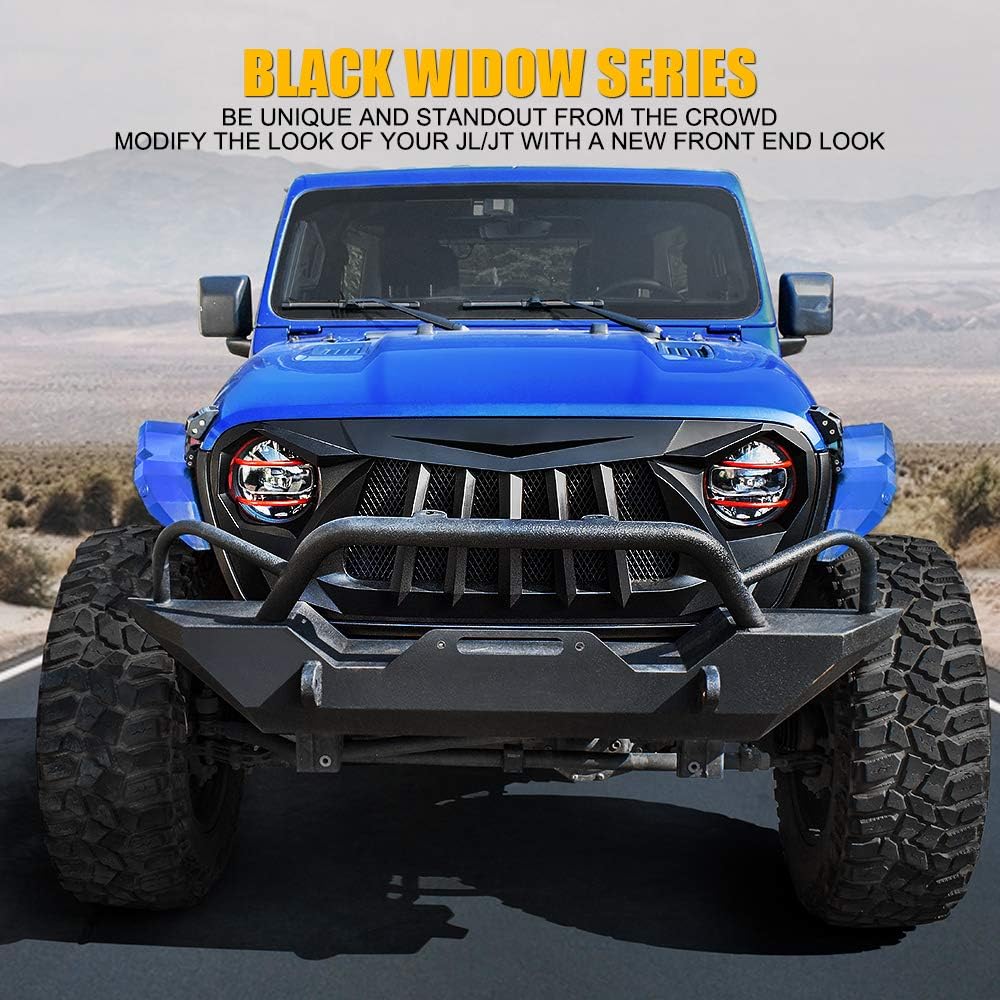 Xprite Matte Black Front Grille Grid Grill w/Mesh Compatible with 2018-2021 Jeep Wrangler JL JT - Black Widow Series