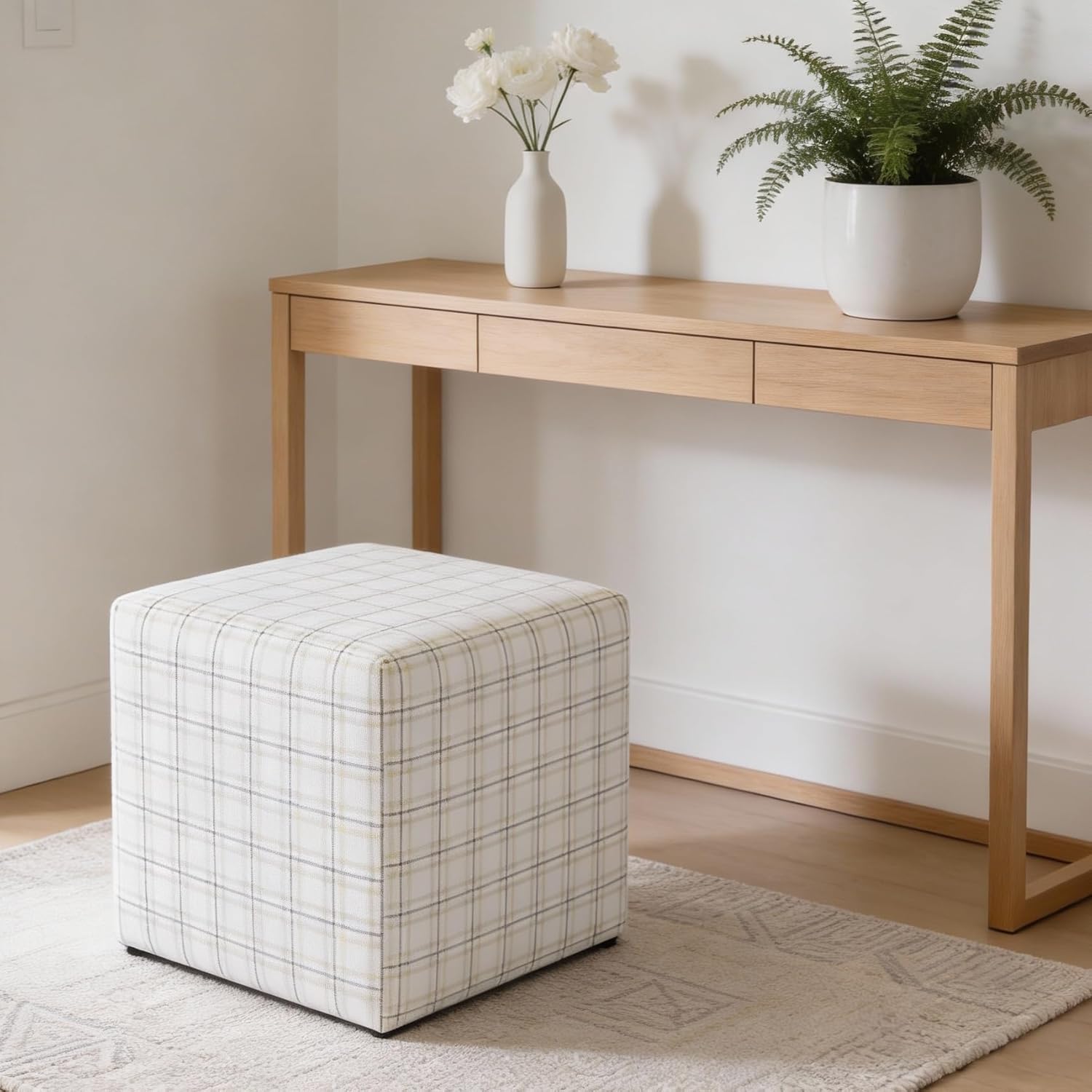 HomePop 19” Square Upholstered Ottoman with Solid & Engineered Wood Frame, Modern Cube Accent Stool for Living Room, Bedroom or Entryway - Natural Plaid Woven Fabric
