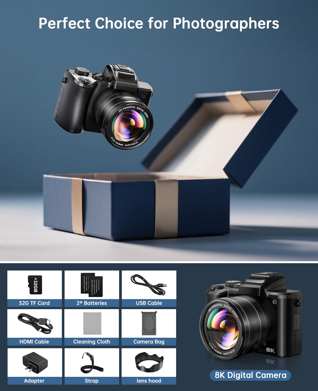 XNSIAKXA 8K Professional Digital Camera with 16X Zoom & WiFi