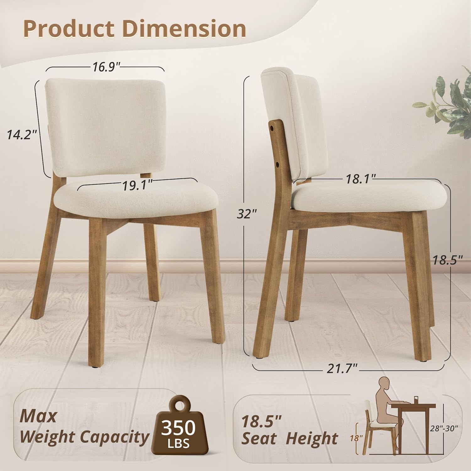 LUE BONA Wooden Dining Chairs Set of 4, Comfortable Wide Back Kitchen Side Chairs, Strong Thick Legs for Modern Farmhouse Dining Room, Linen Upholstered and Natural Wood Legs