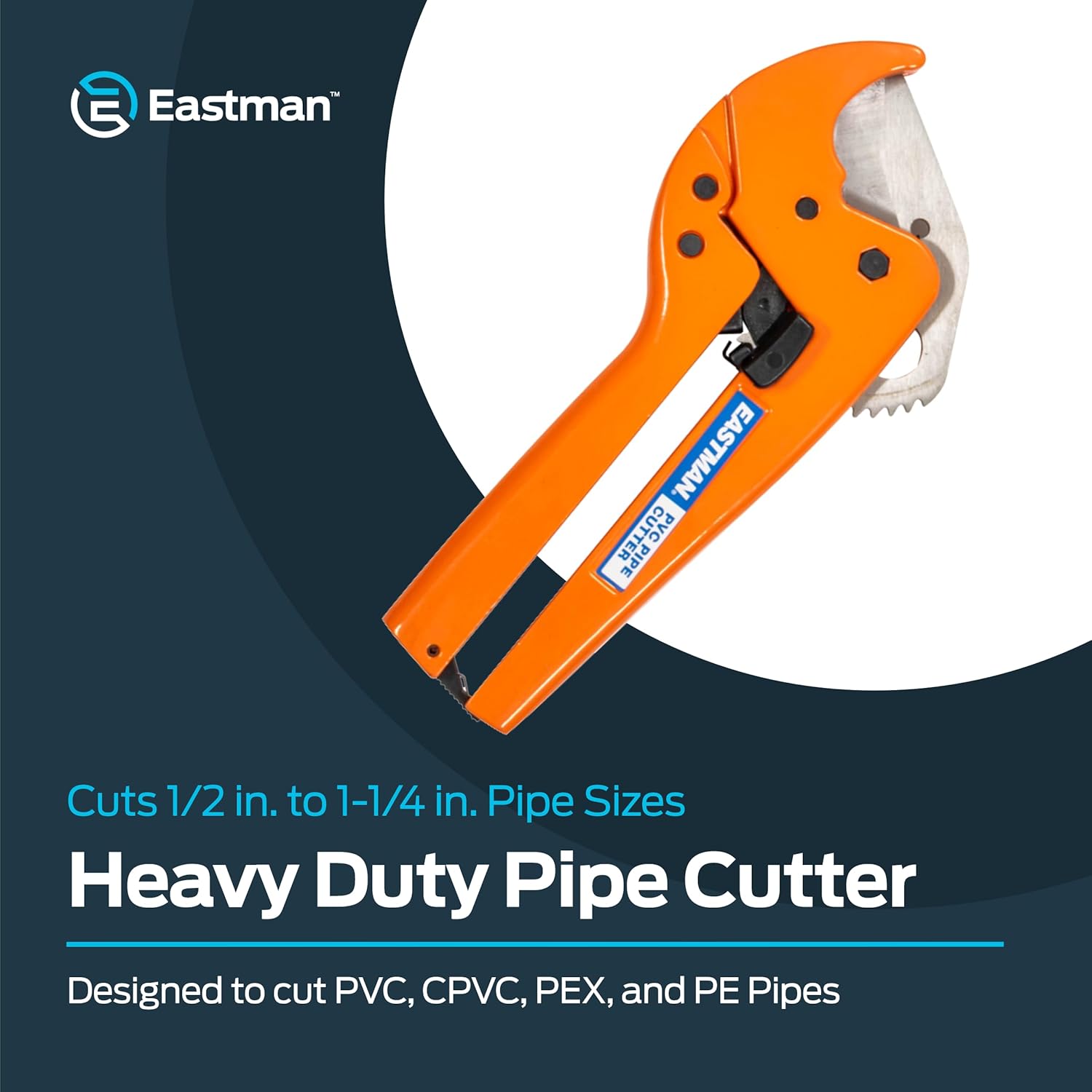 Eastman Heavy Duty PVC Pipe Cutter with Push-Button and Spring-Release Blade, Cuts 1/2 to 1-1/14 Inch Pipe, Professional Tool for PVC, PEX, CPVC, and PE Pipes, Orange, 45132