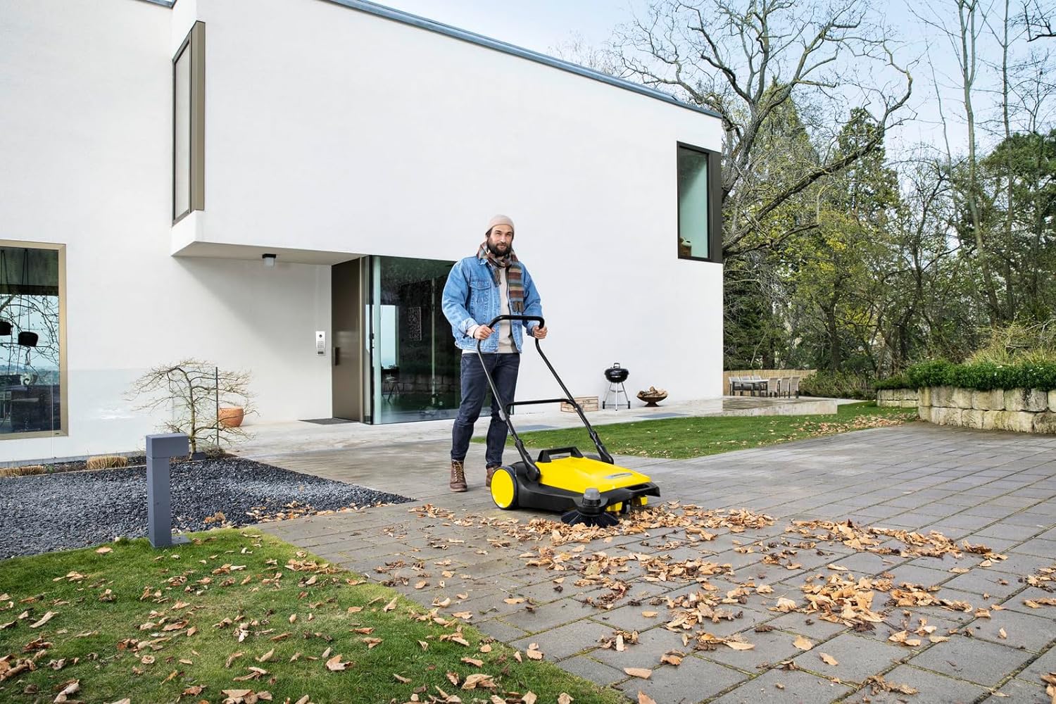 S 6 Twin Walk-Behind Outdoor Hand Push Floor Sweeper - 10 Gallon Capacity - 33.9