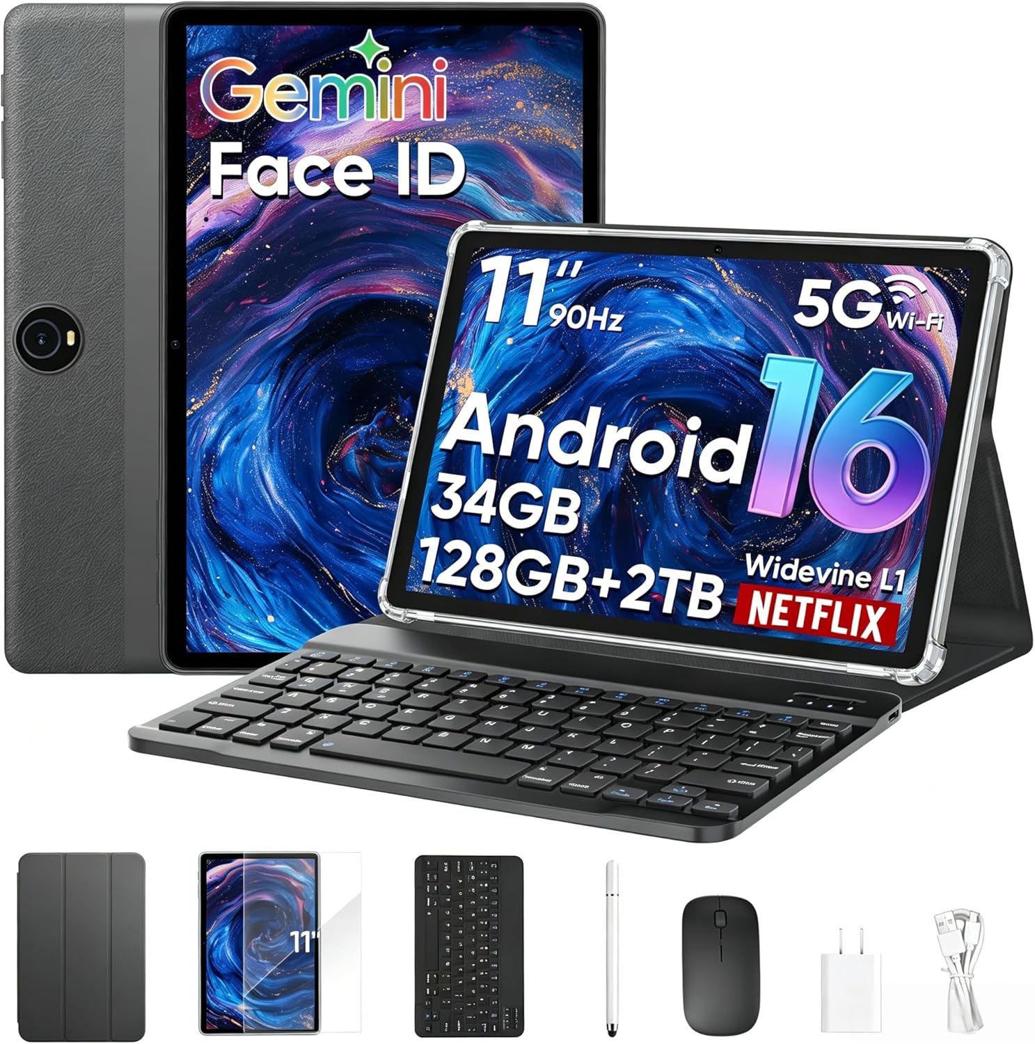 Android 16 Tablet 11 inch Tablets with Keyboard, 34GB+128GB+2TB Expand, Tablets PC with Gemini AI, Octa-Core, 8000mAh, 90Hz IPS Display, 2 in 1 Large Tablets with Case, Mouse, Stylus, Black (Black)