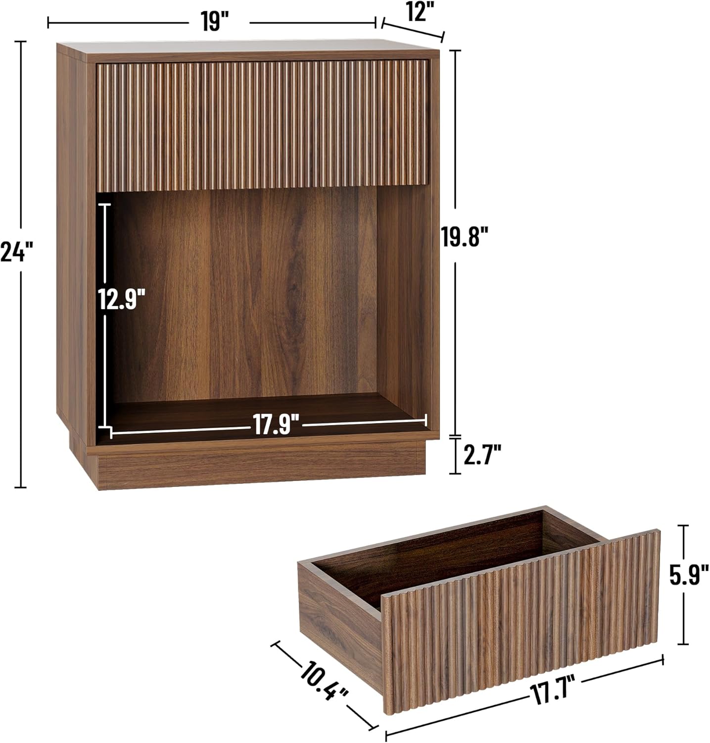 Fluted Nightstands Set of 2, Modern Bedside Table with Storage Drawer and Open Wood Shelf, Wood End Table Mid Century Night Stands for Bedroom Living Room Sofa Couch Office Walnut Brown