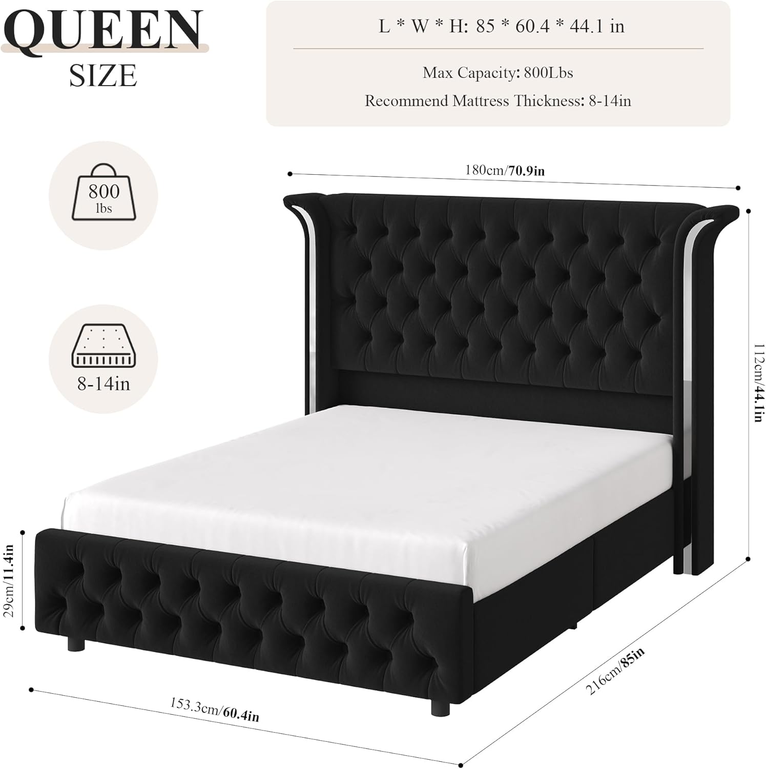 Keyluv Queen Smart LED Bed Frame with Button Tufted Wingback Headboard & Elegant Sliver Metal Decor, Velvet Upholstered Platform Bed with Handmade Pleats Footboard, Sturdy Wood Slats, Black
