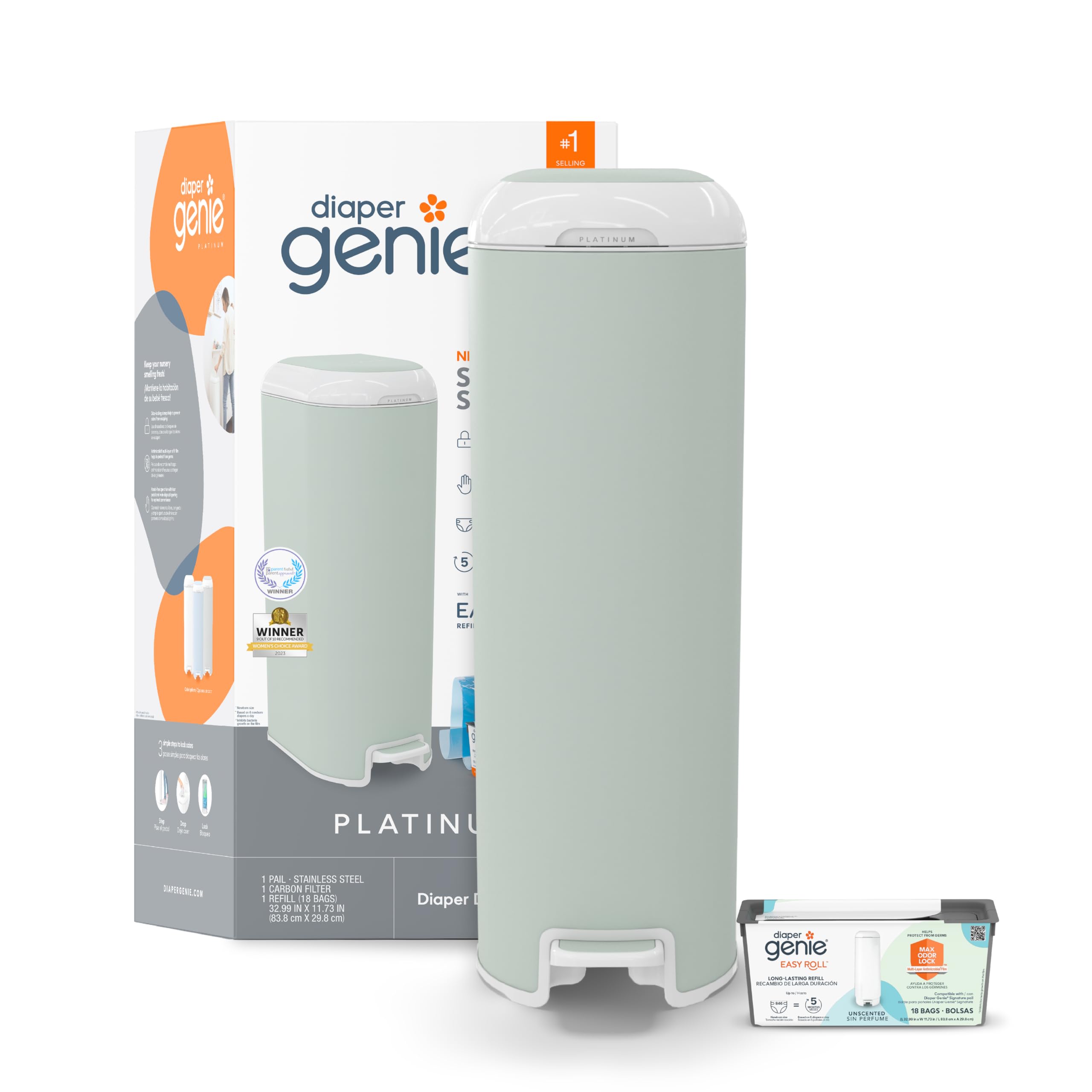 DIAPER GENIE Platinum Pail Sage Green Stainless Steel with Refill