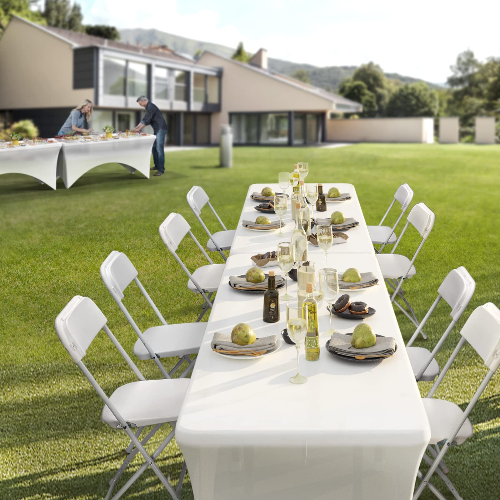 BONNLO Folding Chairs Set of 10 - White Plastic & Metal Frame