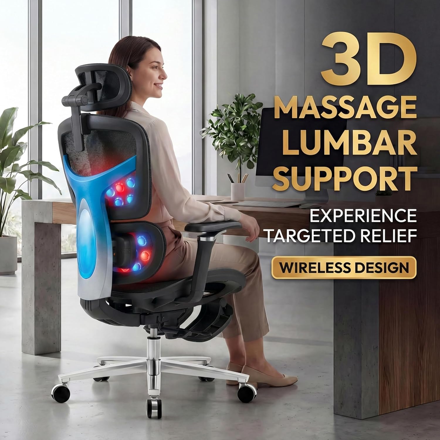 Ergonomic Office Chair with Footrest & 3D Massage Lumbar Support, Adjustable Seat Depth & Back Height,Big and Tall,400lbs, 4D Headrest, 6D Armrests, Reclining Office Chair for Home Office (Black)