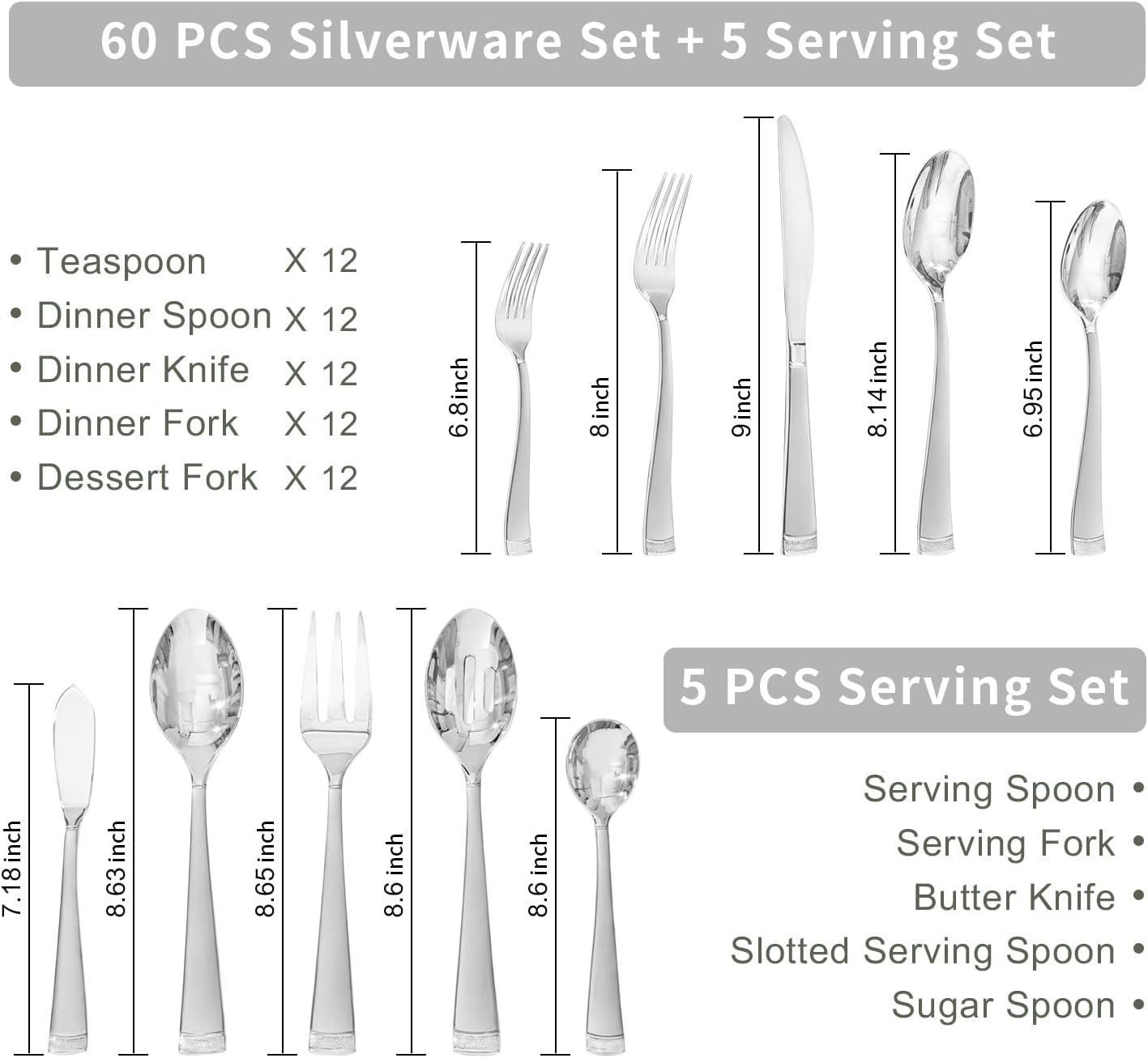 KINGSTONE Silverware Set, 65-Piece Flatware Set for 12, 18/10 Stainless Steel Cutlery Set with Bead Edge, Utensil for Kitchen, Home, Party, Wedding, Matte Silver, Dishwasher Safe, Featured Gifts