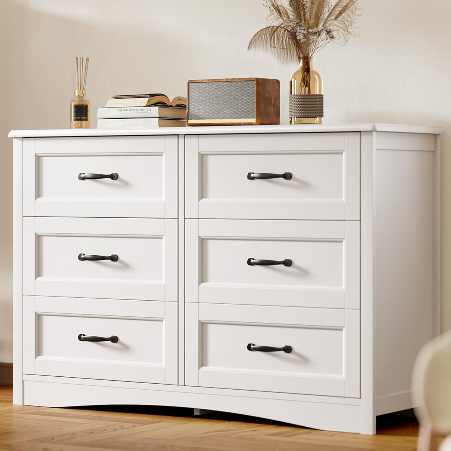 Gizoon 6 Drawer Dresser for Bedroom .47'' Larger Chest of Drawers with Mental Handle for Kids Room, White Dresser with 6 Storage Drawers for Living Room, Entryway and Hallway, White