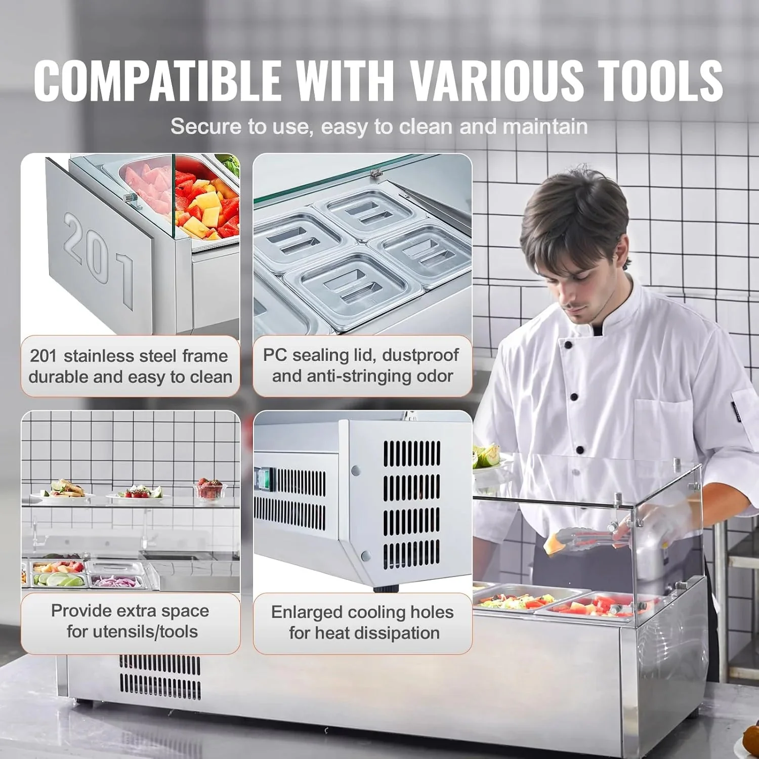 Refrigerated Condiment Prep Station, 135 W Countertop Refrigerated Condiment Station, with 2 1/3 Pans & 4 1/6 Pans, 304 Stainless Body and PC Lid, Sandwich Prep Table with Stainless Guard, ETL