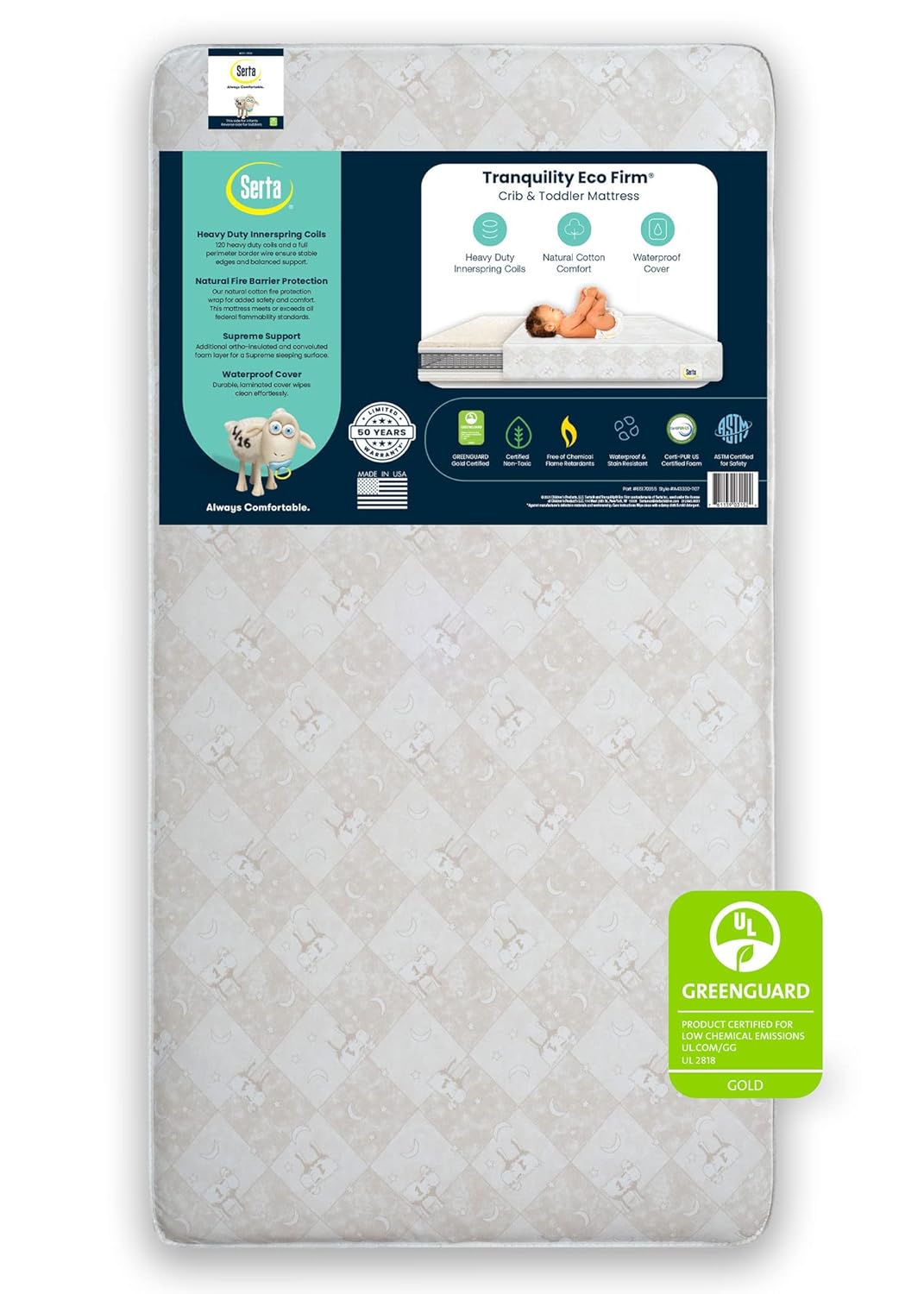 Serta Tranquility Eco Firm 2-Stage Baby Crib and Toddler Mattress - Waterproof Standard Baby Crib & Toddler Mattress - GREENGUARD Gold Certified- 52