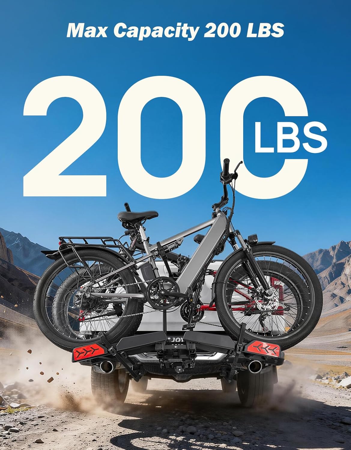 JOYTUTUS Hitch EBike Rack with Ramp for 2 E-Bikes, 200 LBS Capacity Electric Bike Rack for Cars SUVs Trucks, Easy Tilting Foldable Bike Carrier Platform Mount for 2