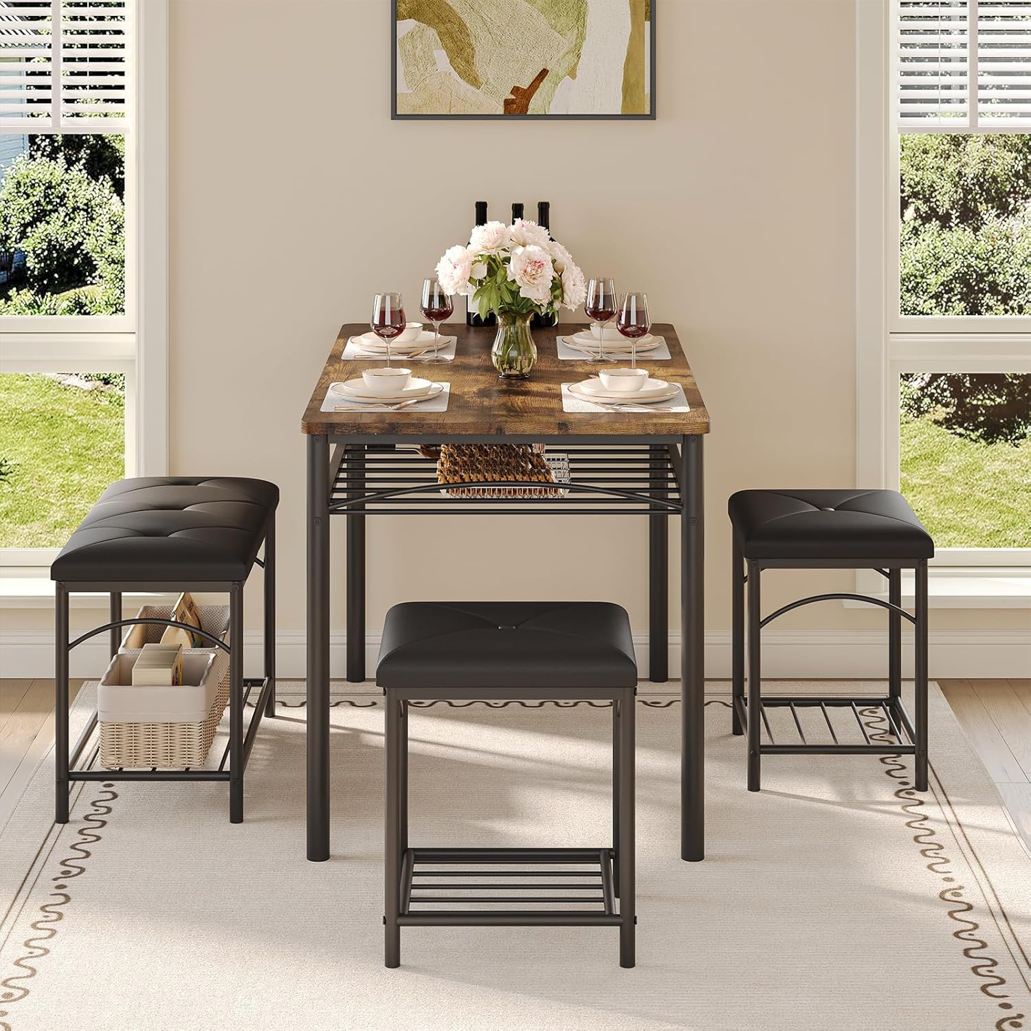 GarveeHome Dining Table Set for 4 with Upholstered Benches and 2 Stools, Modern Space Saving Kitchen Breakfast Table, Ideal for Small Kitchens, Apartments, Studios, and Compact Living Spaces