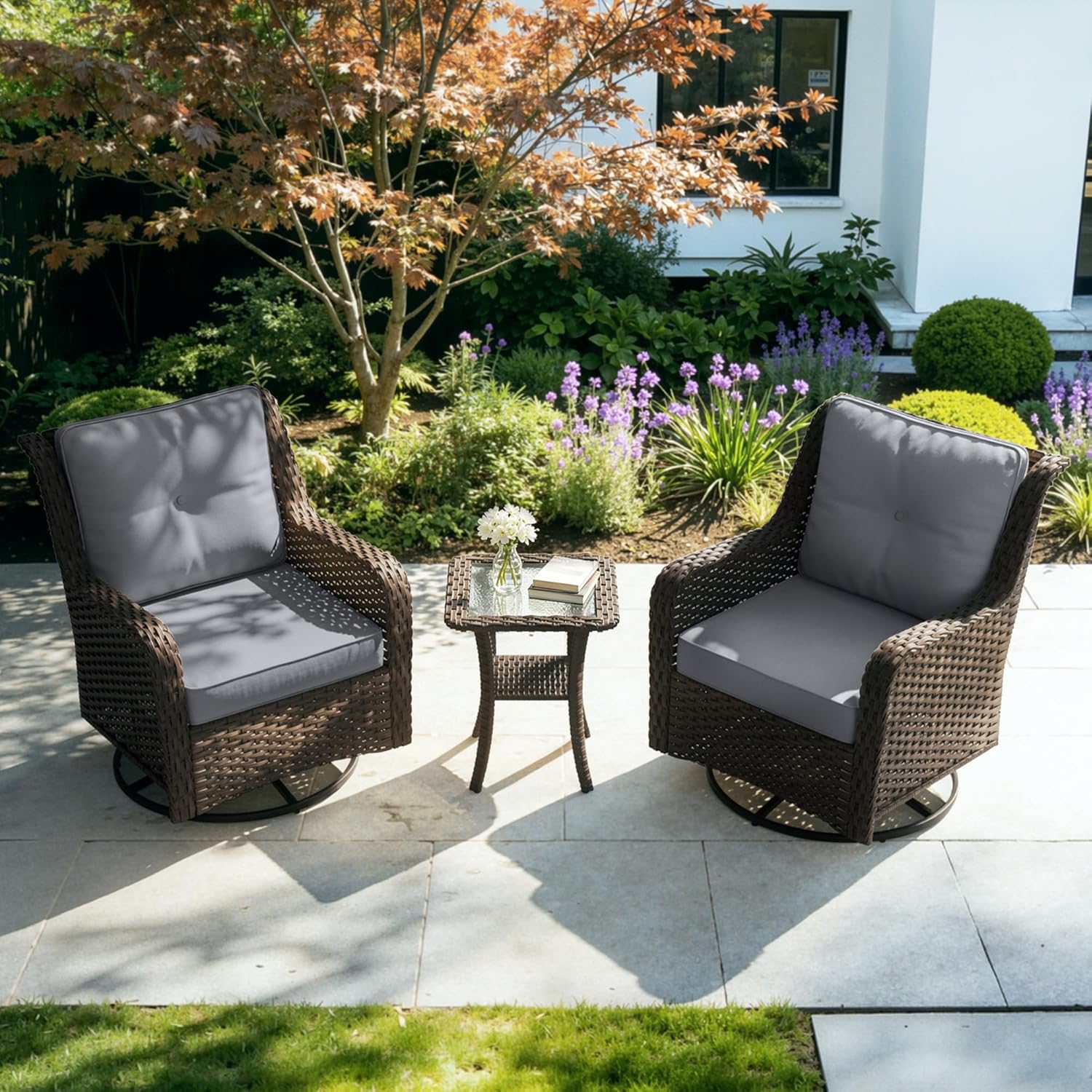 Kullavik 3 Pieces Patio Furniture Set,All-Weather Wicker High Back Outdoor Swivel Rocker Patio Chairs with Side Table & Thick Cushions,Paito Conversation Set for Porch,Deck,Grey
