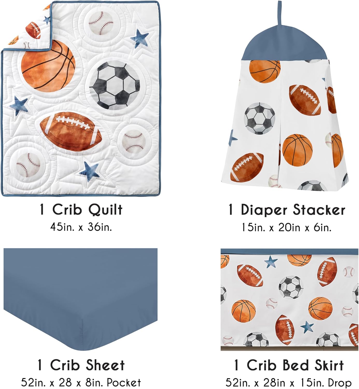 Sweet Jojo Designs 4-Piece Baby Crib Bedding Set (Vintage Sports) for Boys, Infants/Nursery incl. Blanket, Fitted Sheet, Skirt, Diaper Stacker (Baseball, Football, Soccer, Basketball, All Star Sport)