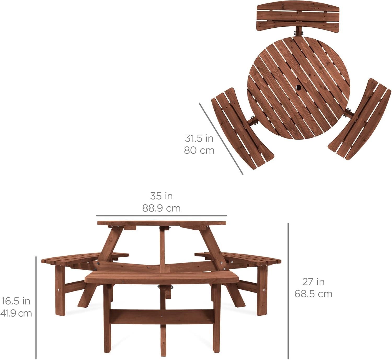 Best Choice Products 6-Person Circular Outdoor Wooden Picnic Table for Patio, Backyard, Garden, DIY w/ 3 Built-in Benches, 500lb Capacity - Walnut Brown