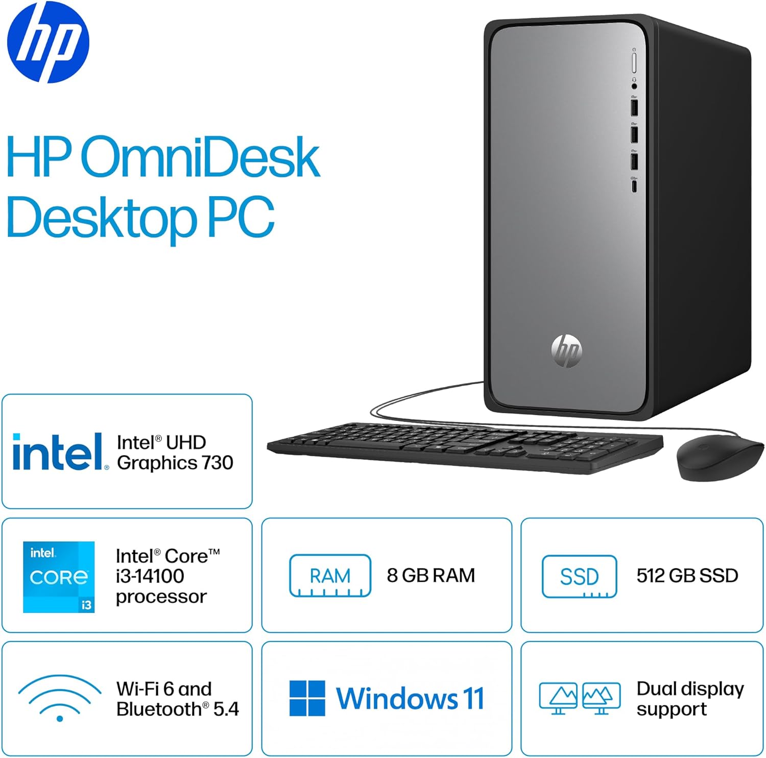 HP OmniDesk Desktop PC, Intel Core i3-14100, 8 GB RAM, 512 GB SSD, Intel UHD Graphics 730, Windows 11 Home, Microsoft Copilot, Meteor Silver, M02-0010 (2025)