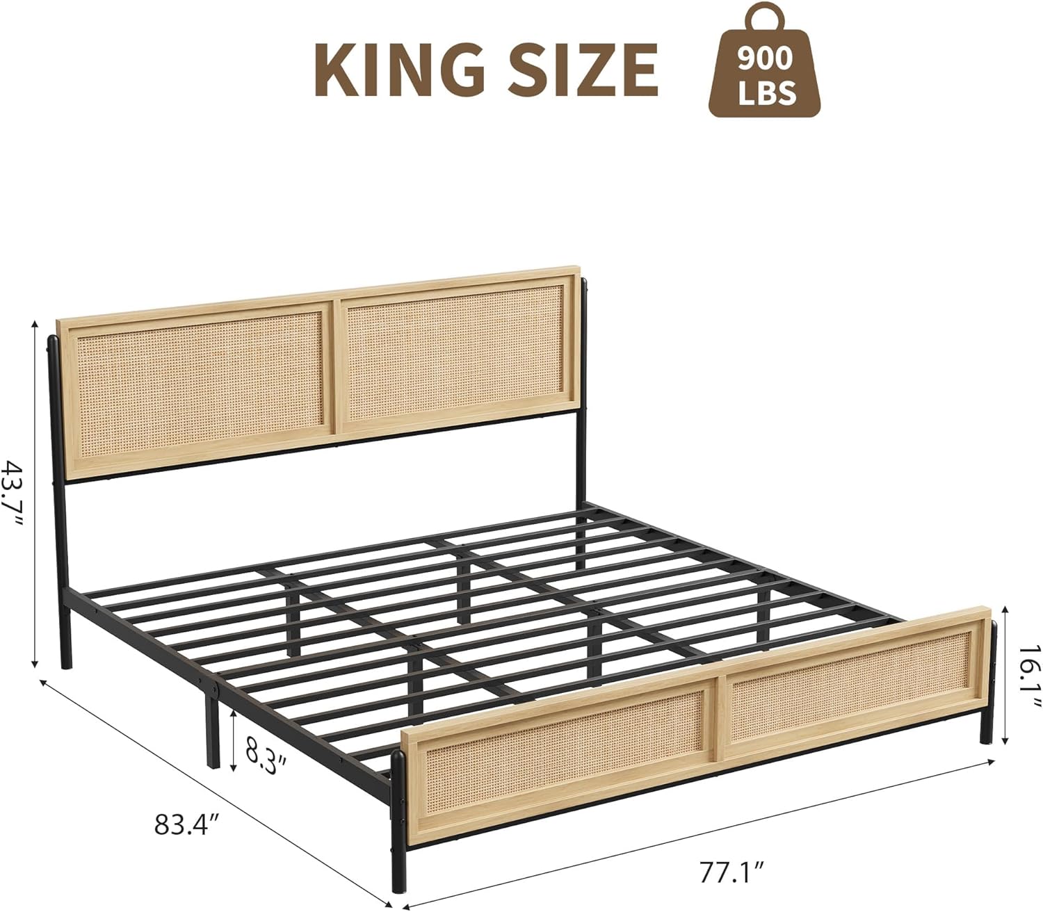 IDEALHOUSE Natural King Size Bed Frame Complete with a Rattan Headboard and Footboard, Boho King Mattress Frame, No Box Spring Needed, Noise-Free, Easy Assemble Wooden Bedframe