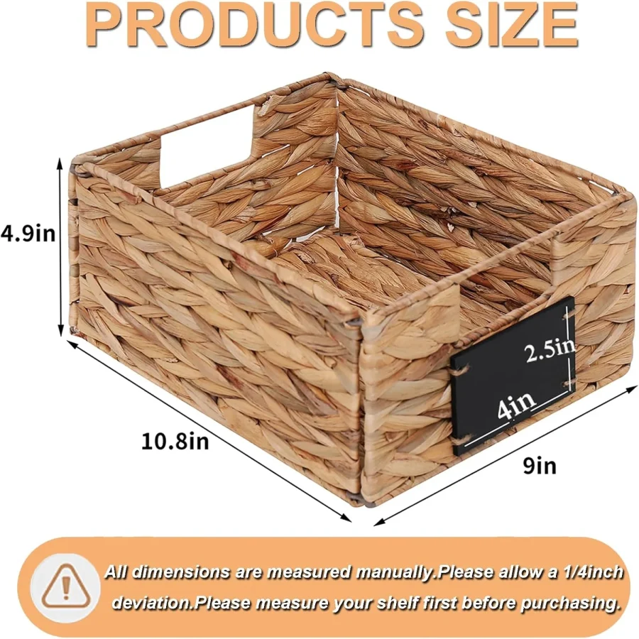 Rectangular Seagrass Baskets Hanging Storage Organizers, Foldable Water Hyacinth Basket with Labels & Chalk Markers, Set of 4 Pcs