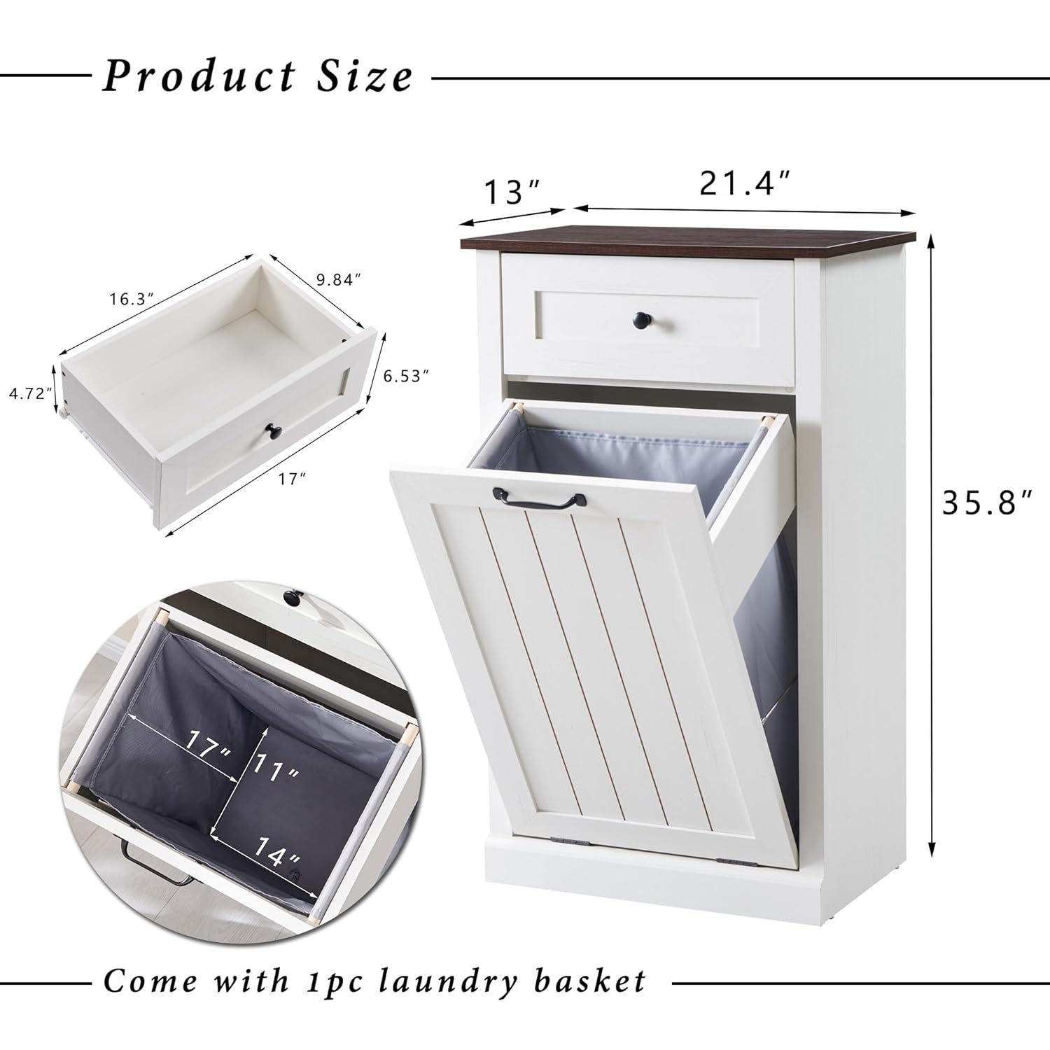 IFGET Tilt Out Trash Can Cabinet, 10 Gallon Farmhouse Laundry Hamper Cabinet with Drawer, Hidden Wooden Trash Garbage Can Bin with Storage Basket for Kitchen, Living Room (Antique White)