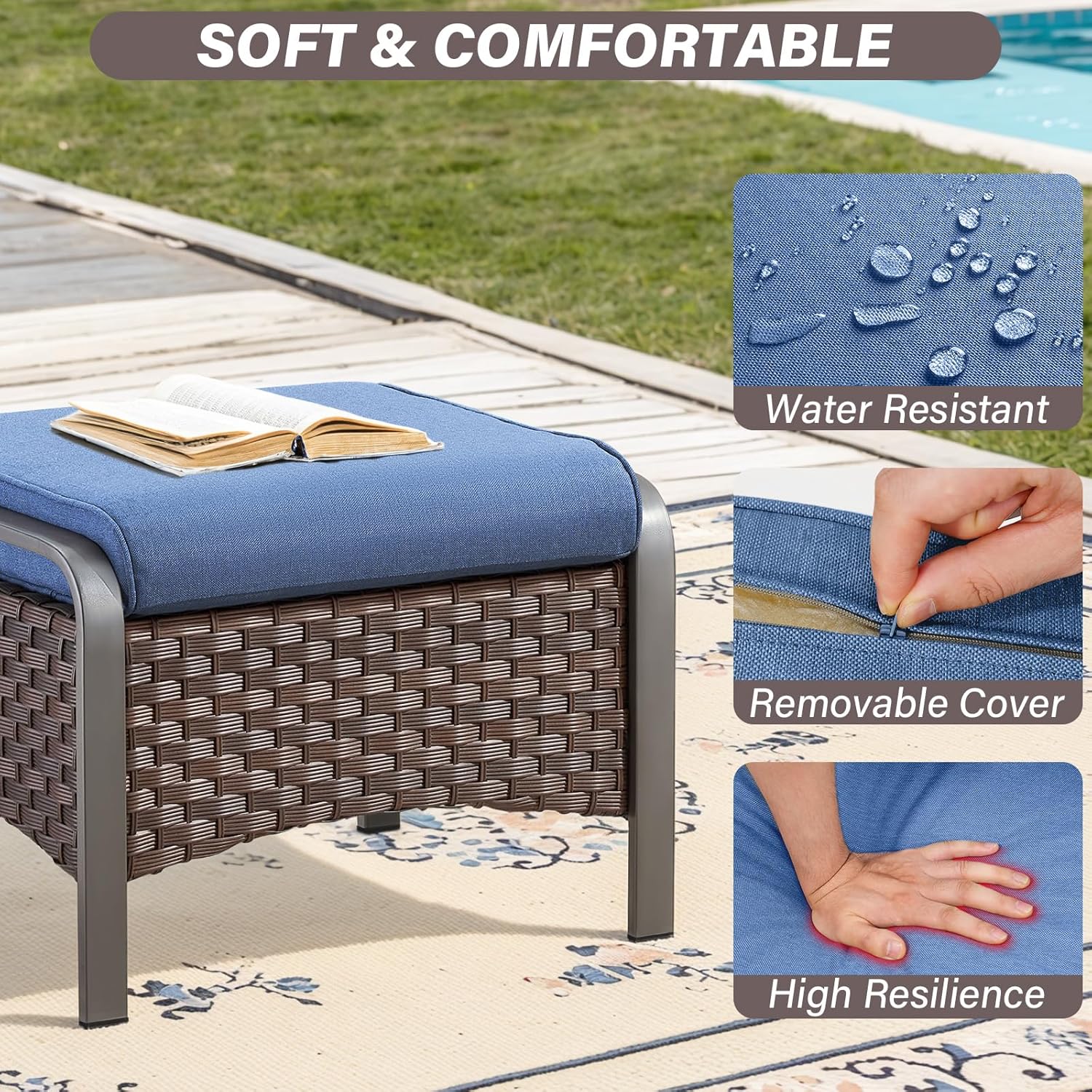 Belord Outdoor Ottomans for Patio - 250 LBS Weight Capacity PE Wicker Foot Rest Ottoman Set of 2 with Metal Frame Multipurpose Outdoor Foot Stool for Porch Balcony Backyard
