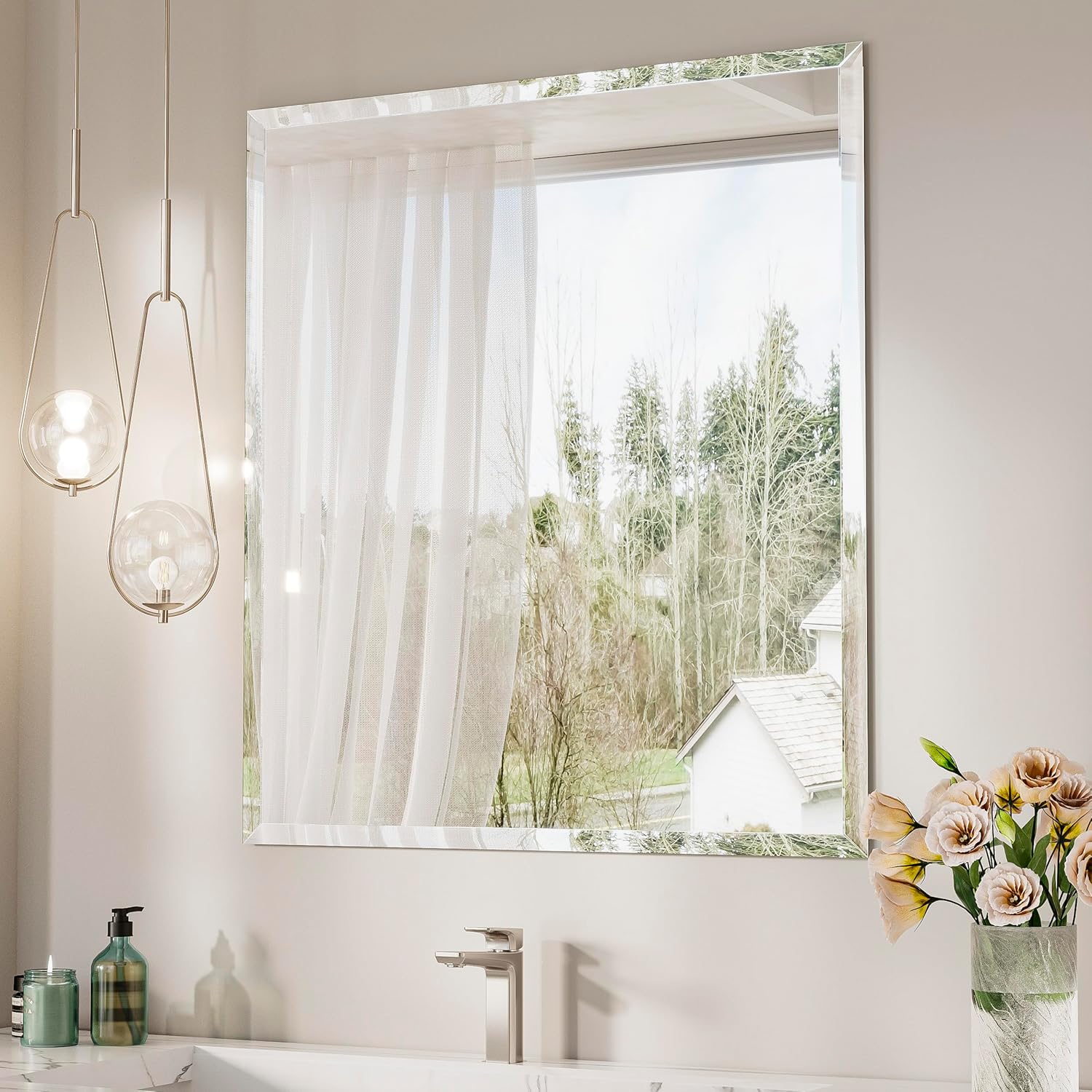Keonjinn 30 x 36 Inch Beveled Bathroom Mirror, Rectangle Bathroom Mirrors for Over Sink, Shatterproof Wall Mirror, Modern Decorative for Living Room, Entryway, Bedroom, Horizontal/Vertical