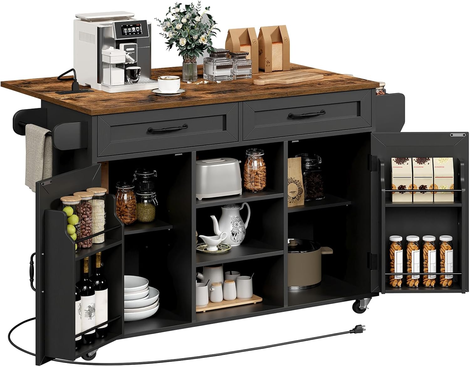 RALGEND Kitchen Island with Power Outlets & Drop Leaf, Kitchen Cart with Storage, Drawer and Spice Rack, Tower Rack, Island Table, Black and Rustic Brown