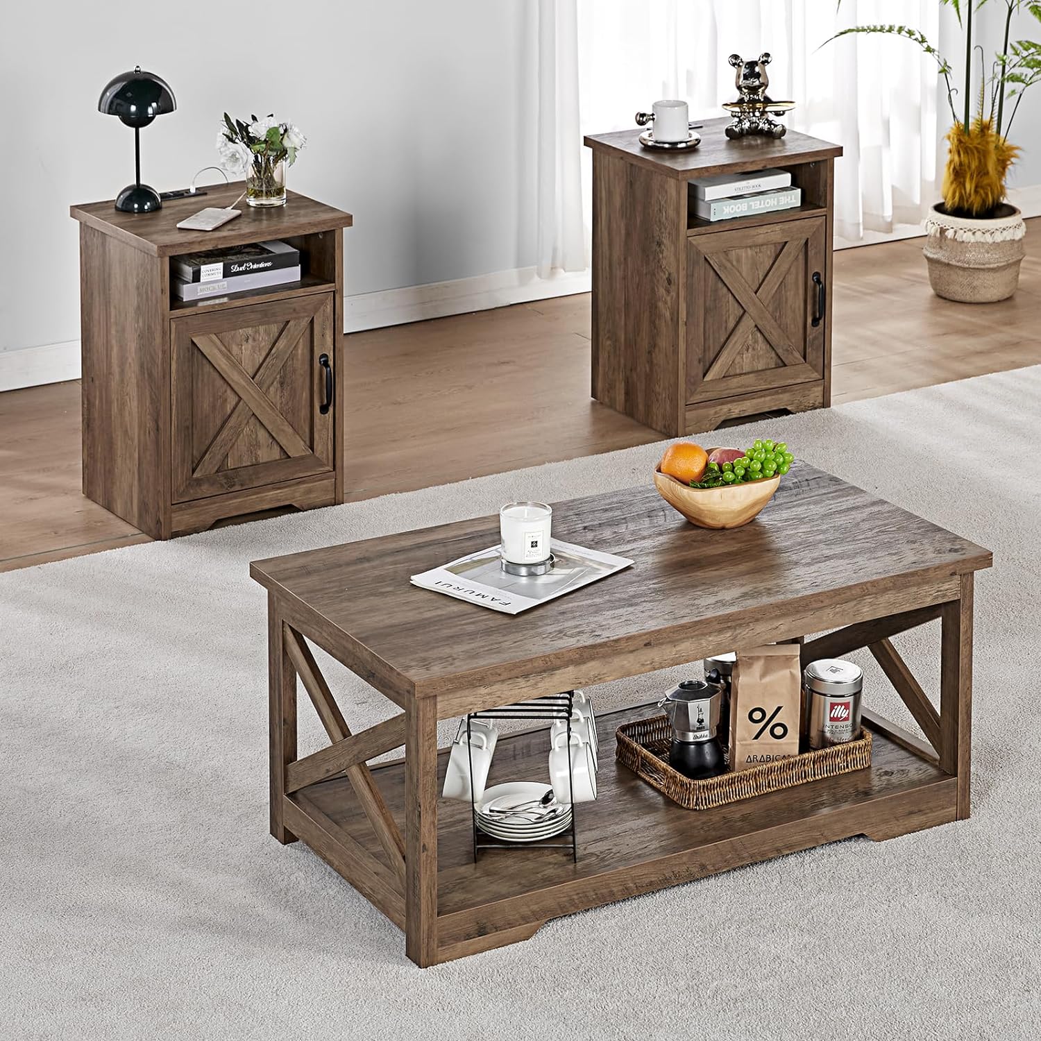 AMERLIFE 3-Piece Farmhouse Table Set Includes Coffee Table& Two End Tables, Side Table with Charging Station and USB Ports, for Living Room, Barnwood