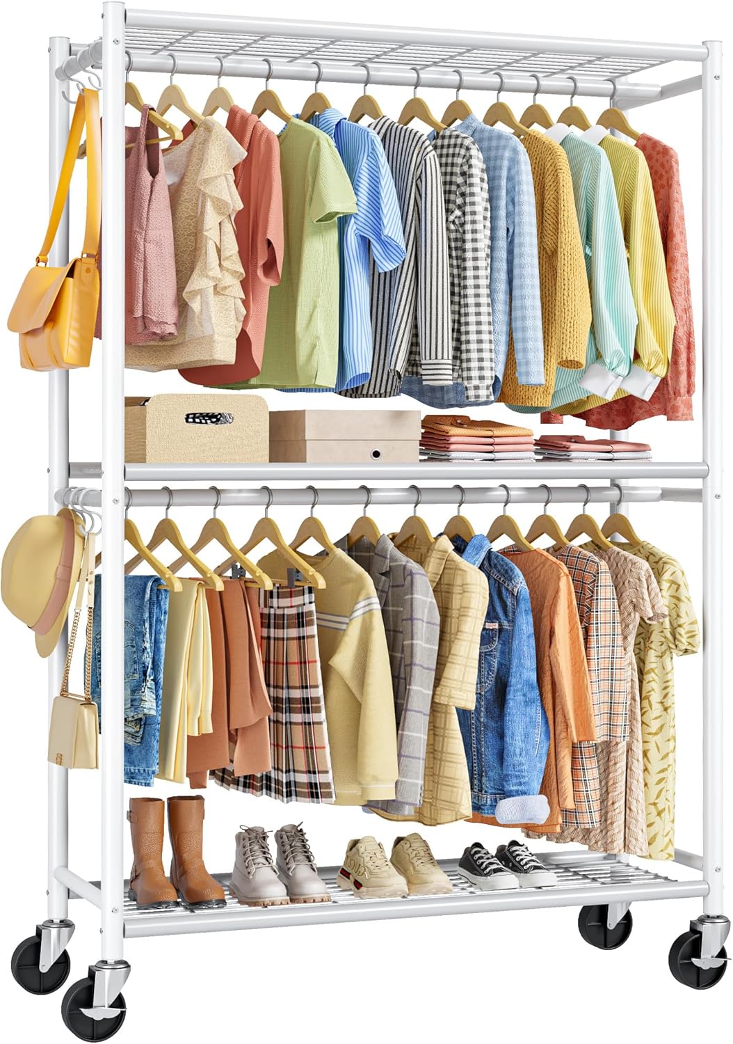 Sakugi Clothes Rack - Double Hanging Rod Clothing Rack with Wheels & Leveling Feet, Large Capacity Wardrobe Closet with Shelves for Bedroom, Laundry Room, Entryway, 45.2