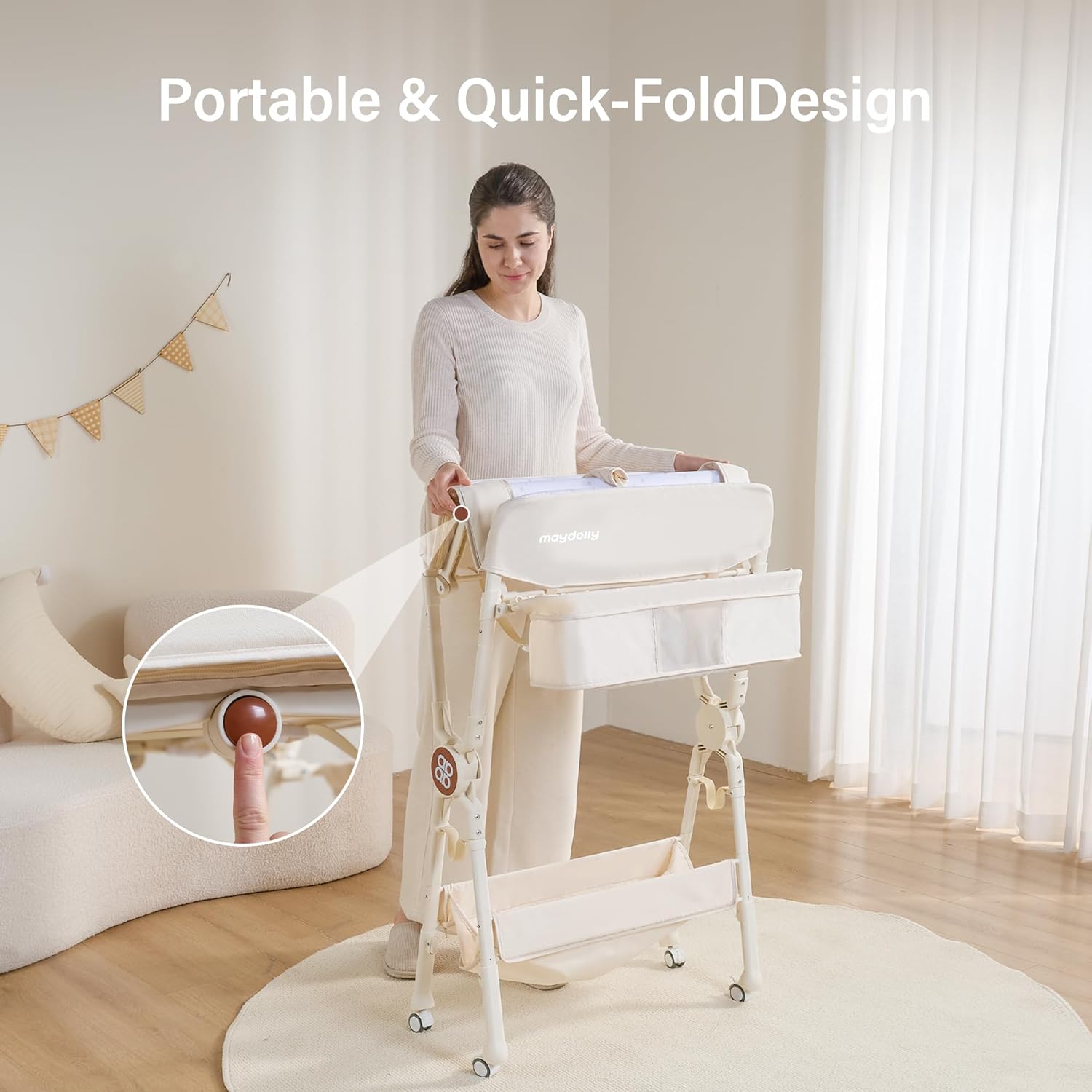 Maydolly Changing Table .Portable Diaper Changing Station, Foldable Baby Changing Table,Compact Nursery Diaper Changing Table for Baby .Adjustable Height .Mobile on Wheels (Beige)