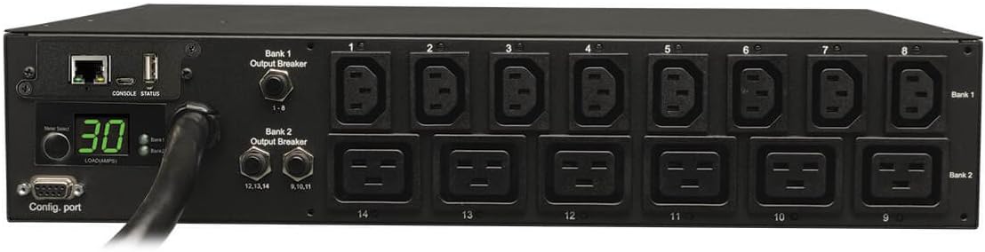 Tripp Lite 5.8kW Single-Phase Switched PDU with LX Platform Interface, 208/240V Outlets (8 C13 & 6 C19), L6-30P Input, 15ft Cord, 2U Rack-Mount, TAA (PDUMH30HV19NET),Black