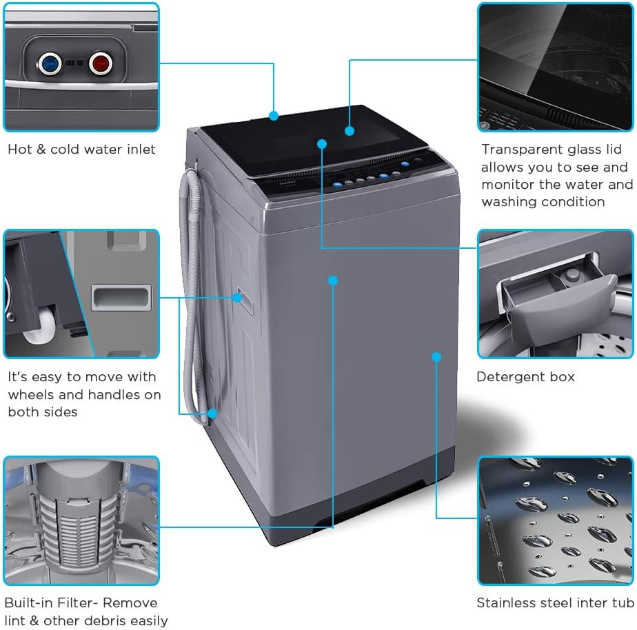 COMFEE' 1.6 Cu.ft Portable Washing Machine, 11lbs Capacity Fully Automatic Compact Washer with Wheels, 6 Wash Programs Laundry Drain Pump, Ideal for Apartments, RV, Camping, Magnetic Gray