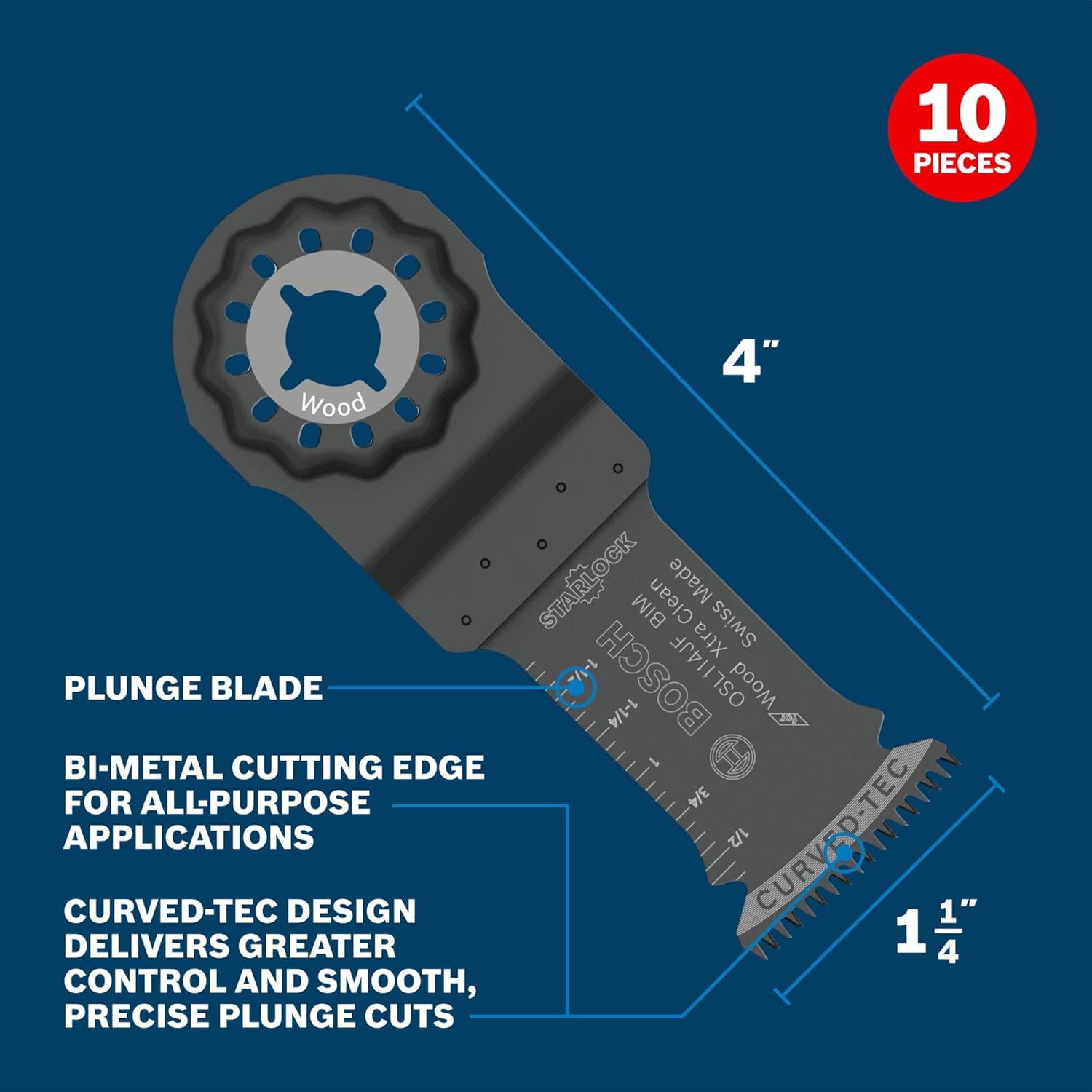 BOSCH 1-1/4 in. OSL114JF-10 Starlock Oscillating Multi-Tool Bi-Metal Blade 10-Pack - Professional Swiss-Made Precision, 3D Interface Design, Universal Tool Compatibility for Clean Cuts in Hard Wood