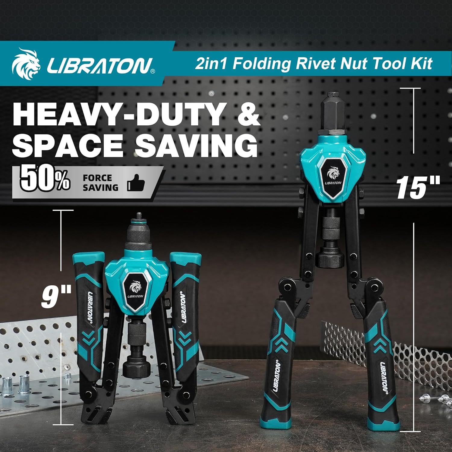 LIBRATON 2in1 Rivet Nut Tool and Rivet Gun Kit Folding, with 11 Mandrels (Metric & SAE) & 5 Nose Pieces (2.4-6.4mm), Includes 100 Nuts & 200 Pop Rivets, Folding Heavy Duty Hand Tool for DIY & Repair