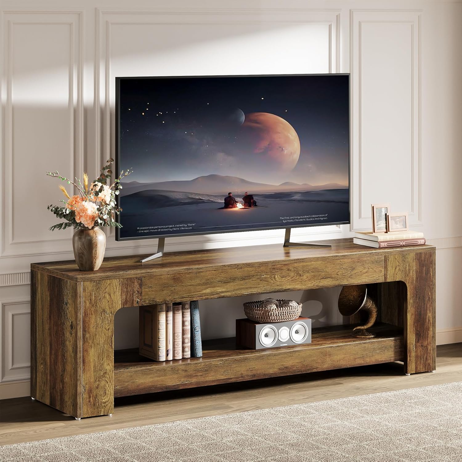 Tribesigns TV Stand for Living Room for 55/60/65/75-Inch TVs, Farmhouse Rustic TV Console with Storage Shelves, 63
