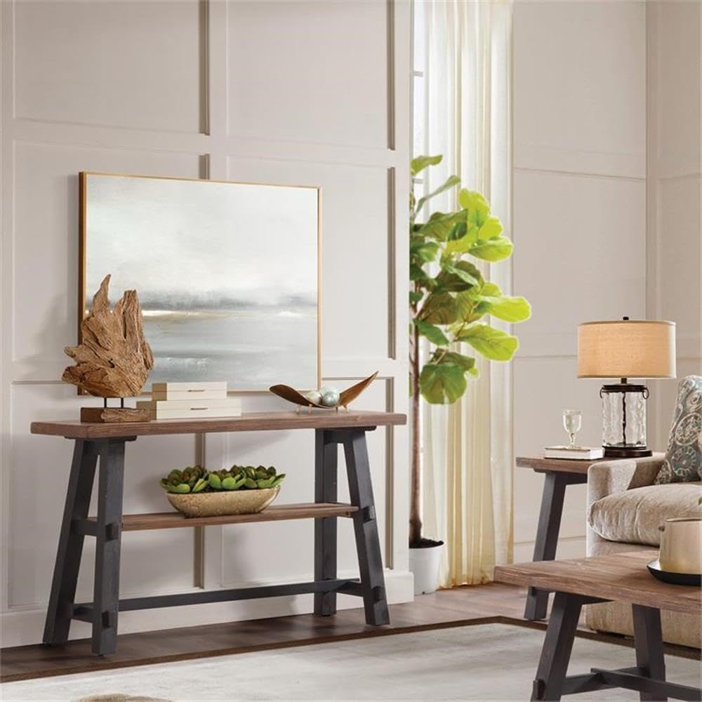 Adam 48 in. Solid Wood Sofa/TV Console Table with Shelf, Rustic Industrial Design, Distressed Black Sawhorse Legs, Natural Finish, Ideal for Media Components, Gaming Consoles, and Entryway Storage