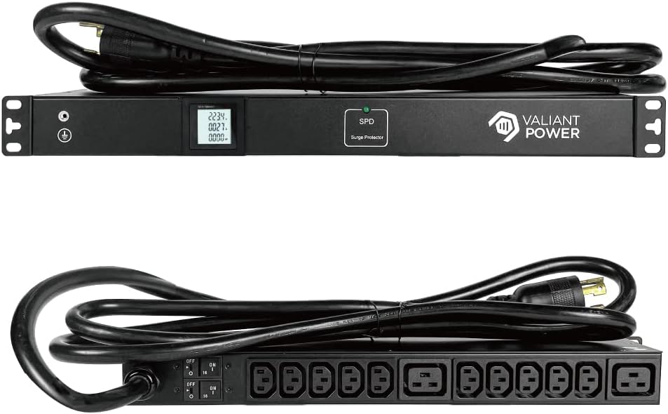 Rack Mount Power Strip - 240V 30A 2C19 & 10 C13 outlets PDU with 20,000 amp Surge Protector, Volt & Amp Meter for Data Center - 19” Metal Housing, Ears & Fittings Included Valiant Power Co