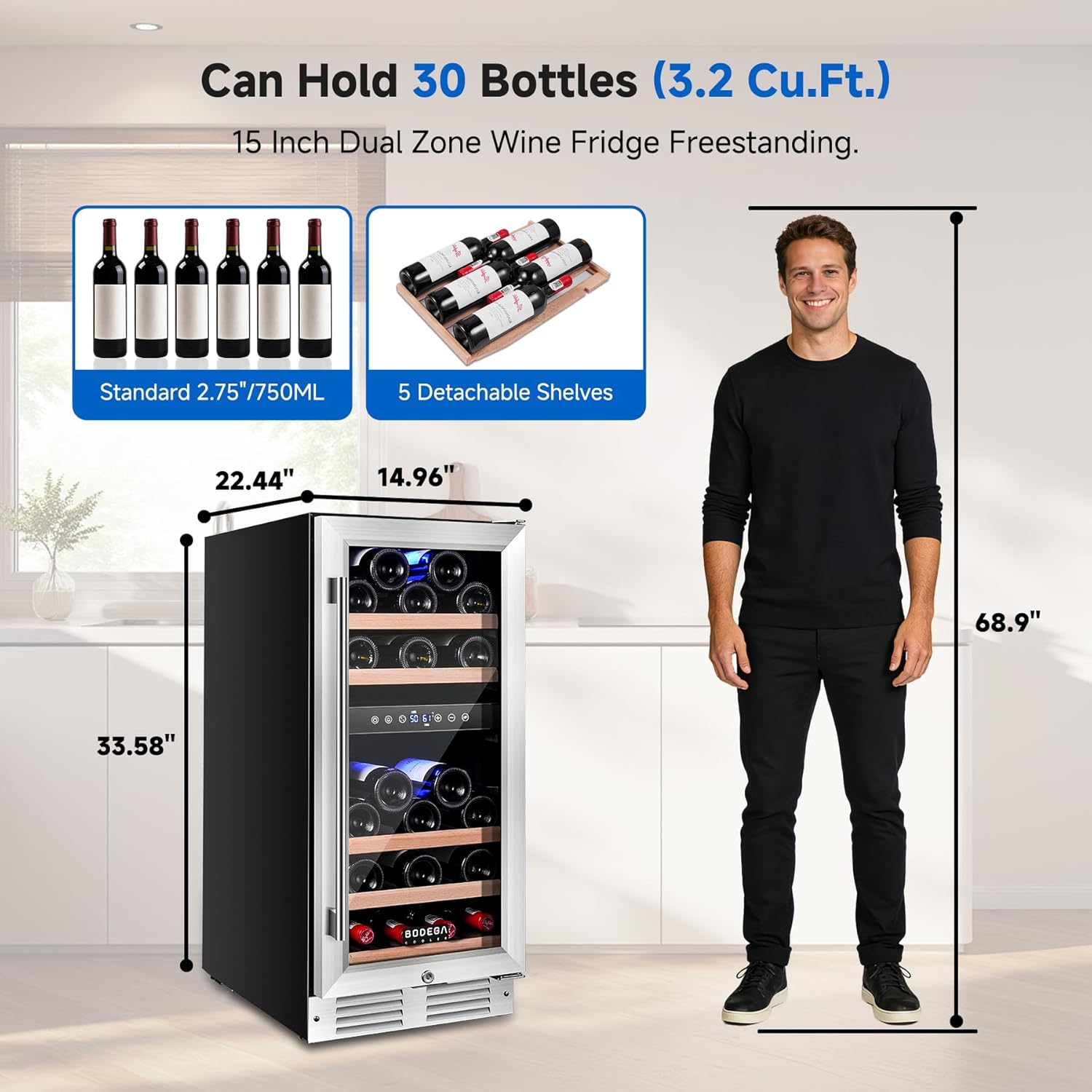 BODEGA COOLER 15 Inch Wine Fridge - 30 Bottles Dual Zone Wine Cooler, 41°F -72°F Wine Beverage Cooler Built-in or Freestanding, Adjustable Shelves & Bule LED Light, Perfect for Home/Kitchen(3.2 cu.ft)