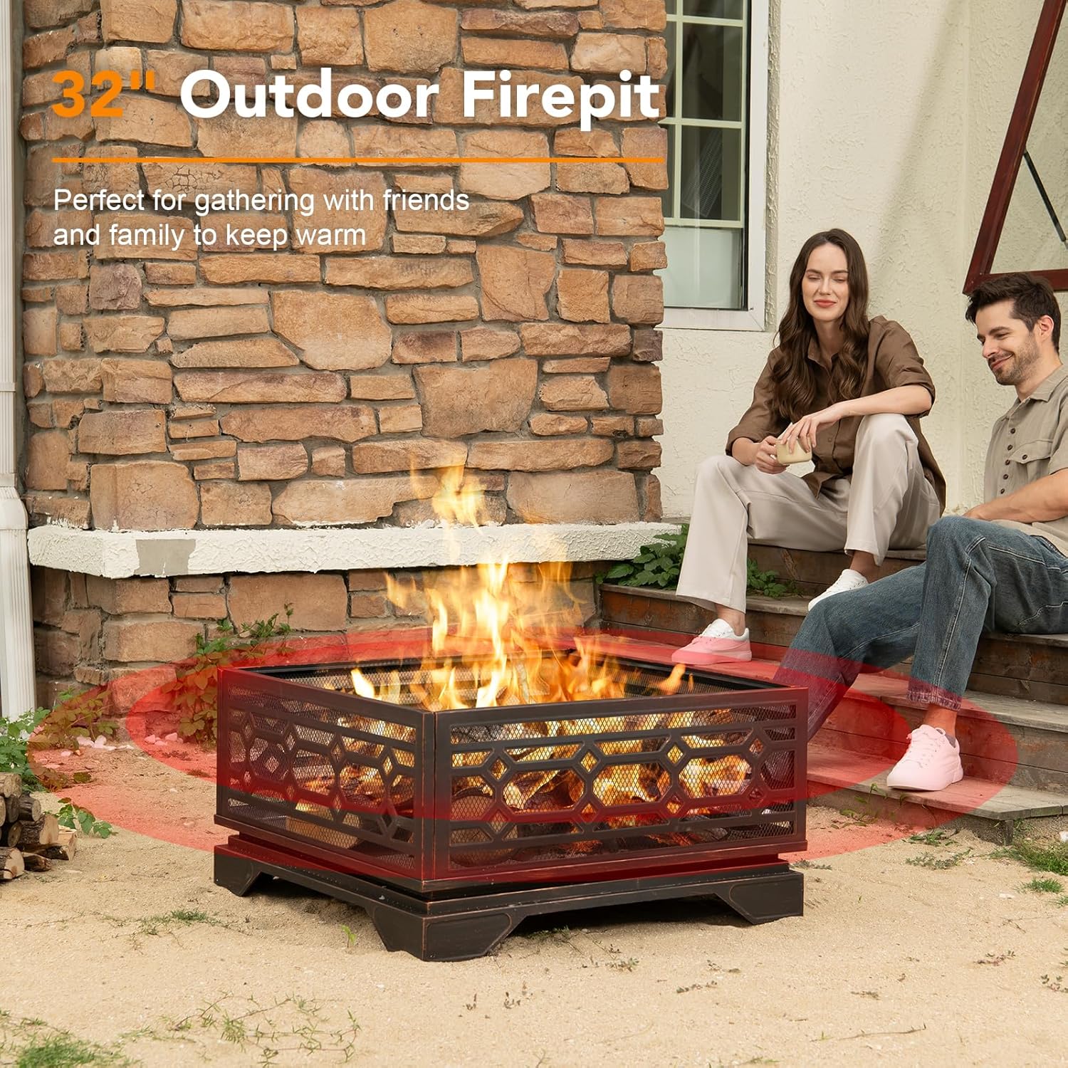 Florise Outdoor Fire Pit, 32 Inch Wood Burning Firepit for Outside with Mesh Cover & Fire Poker, Large Square Metal Fireplace for Patio, Backyard, Garden, Bonfire Party
