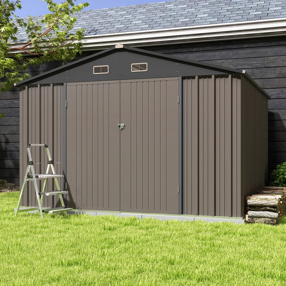 Patiowell 10×10 ft Metal Storage Shed, Sloping Roof, Double Lockable Doors, Galvanized Steel, Coffee Brown