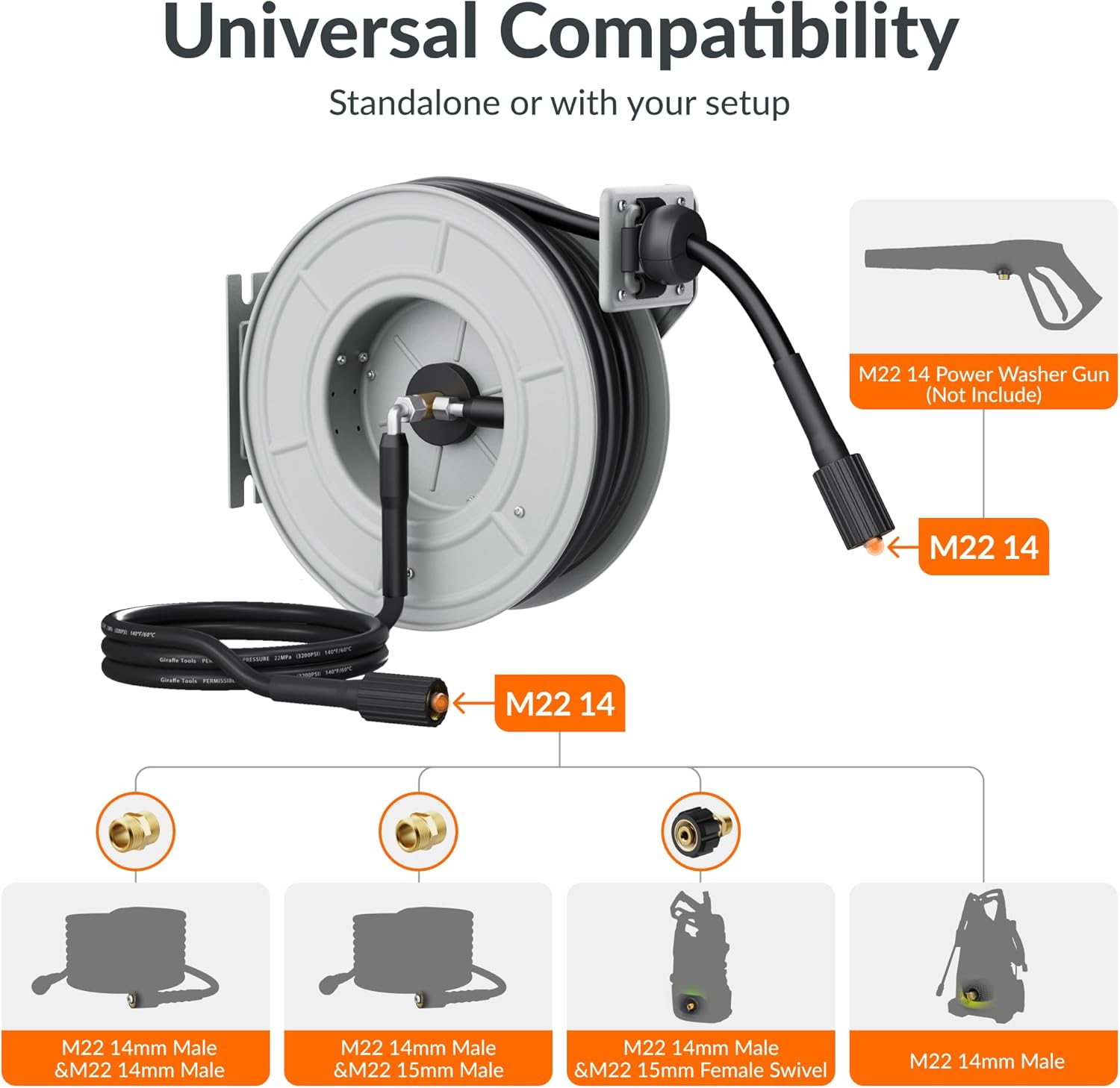 Giraffe Tools Pressure Washer Hose Reel 65ft, 1/4