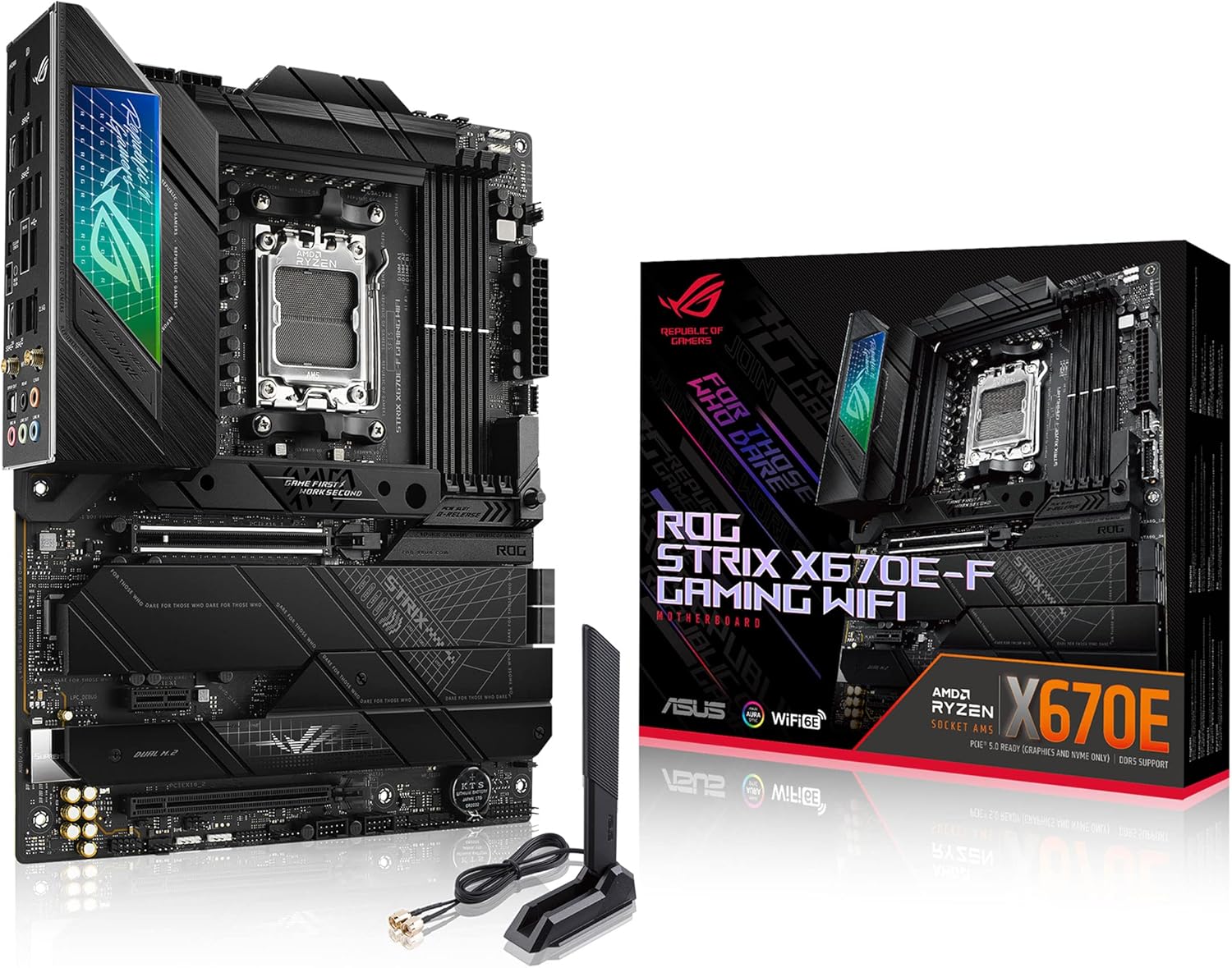 ASUS ROG STRIX X670E-F GAMING WIFI AMD X670 AM5 Ryzen™ Desktop 9000 8000 & 7000 ATX motherboard, 18+2 power stages, DDR5, 4x M.2 slots with heatsink, PCIe® 5.0, USB 3.2 Gen 2x2, WiFi 6E, AI Cooling II
