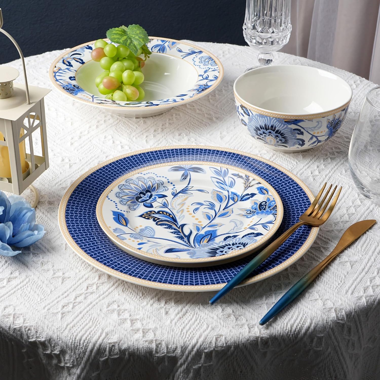24-Piece Bone China Dinnerware Set in Gift Box, Service for 6, Porcelain Dinnerware, Tropical Dishes Set - Dinner Plates Dessert Plates Cereal Bowls Mugs (Melodie de Fleurs)