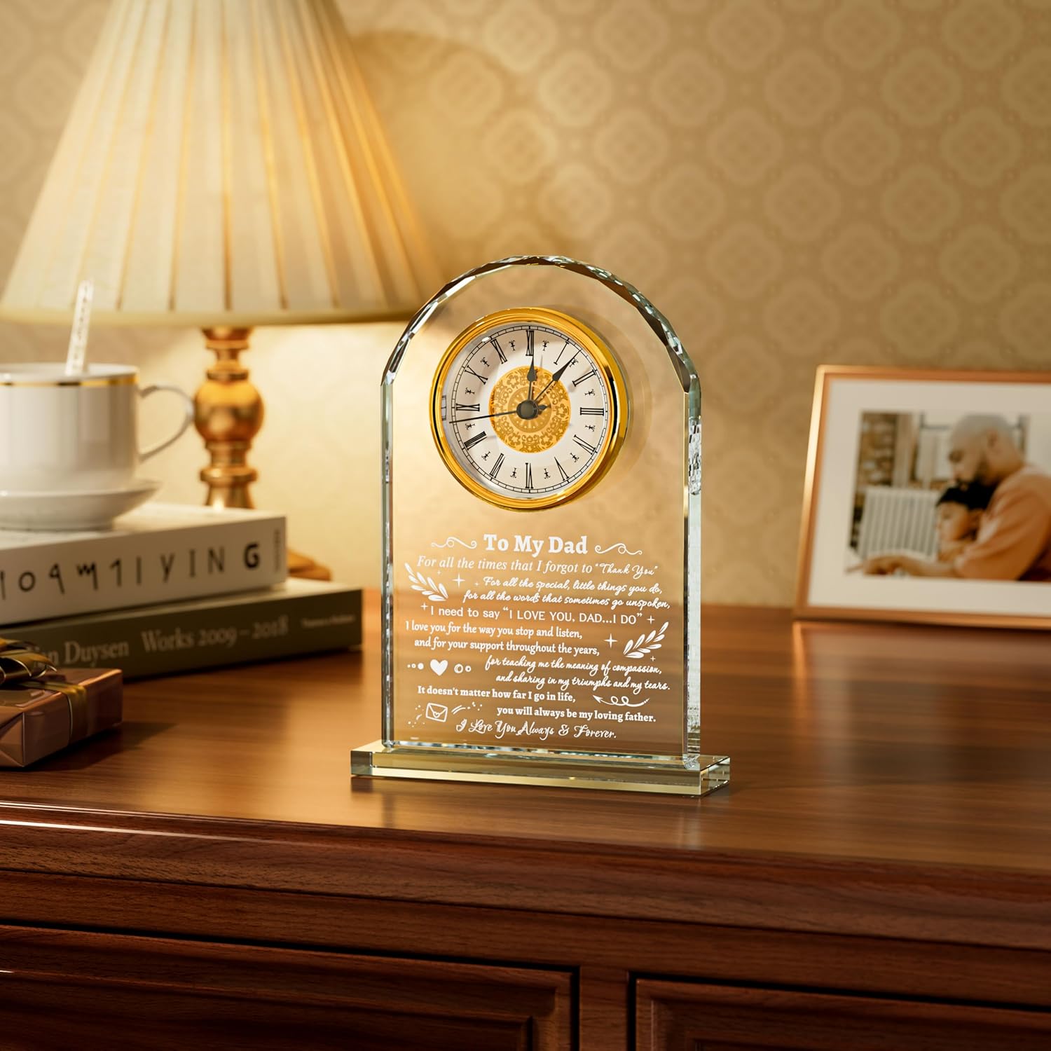 YWHL To My Dad Clock Gifts from Daughter Son, Laser Engraving Glass Clock Gift for Father's Day, Birthday Gifts for Dad Who Wants Nothing, Meaningful Keepsake Present for Father (Battery not Included)
