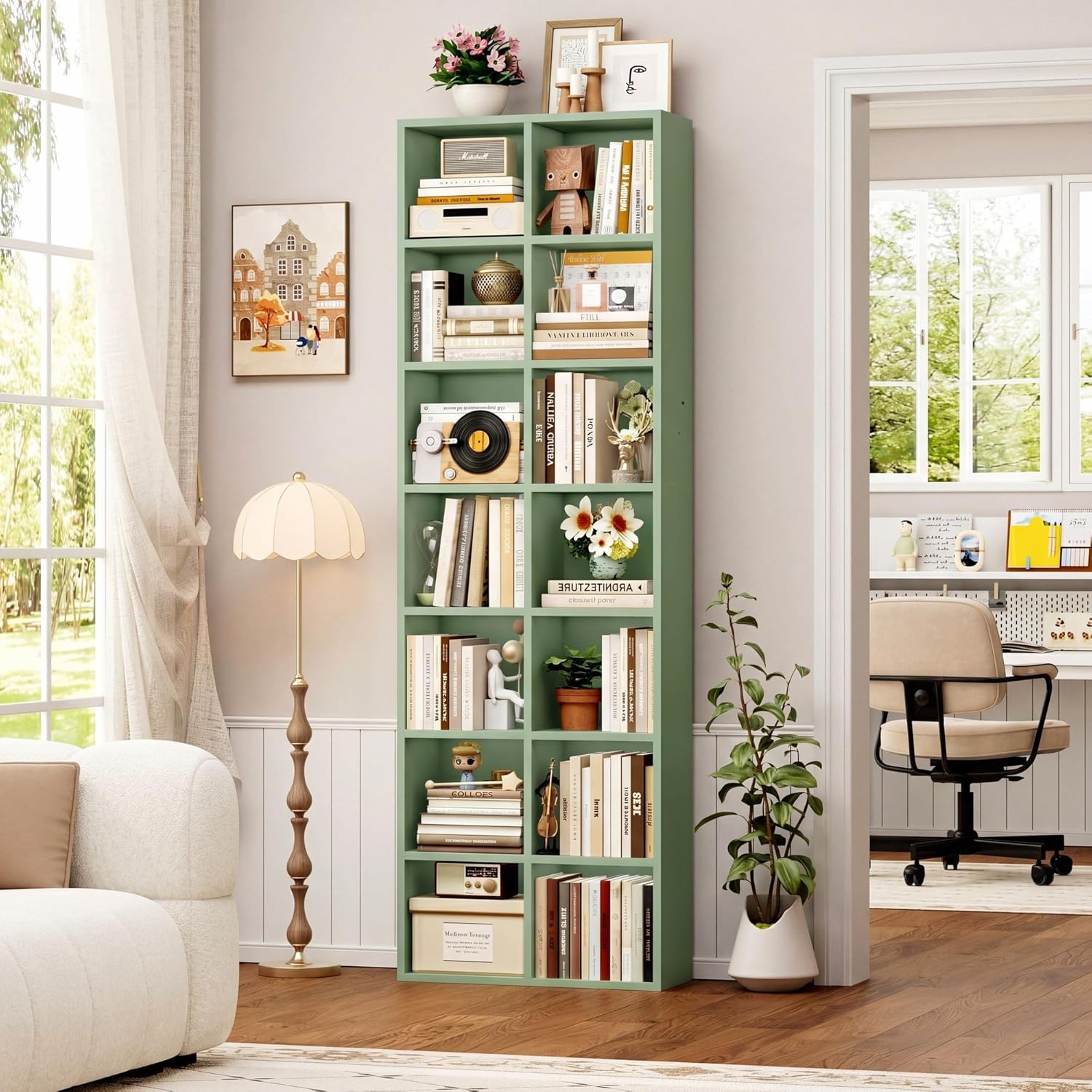 FOTOSOK 71'' Tall Bookshelf with 14 Cubes, 7 Tier Double Wide Bookshelf with 6 Adjustable Shelves, 19.6
