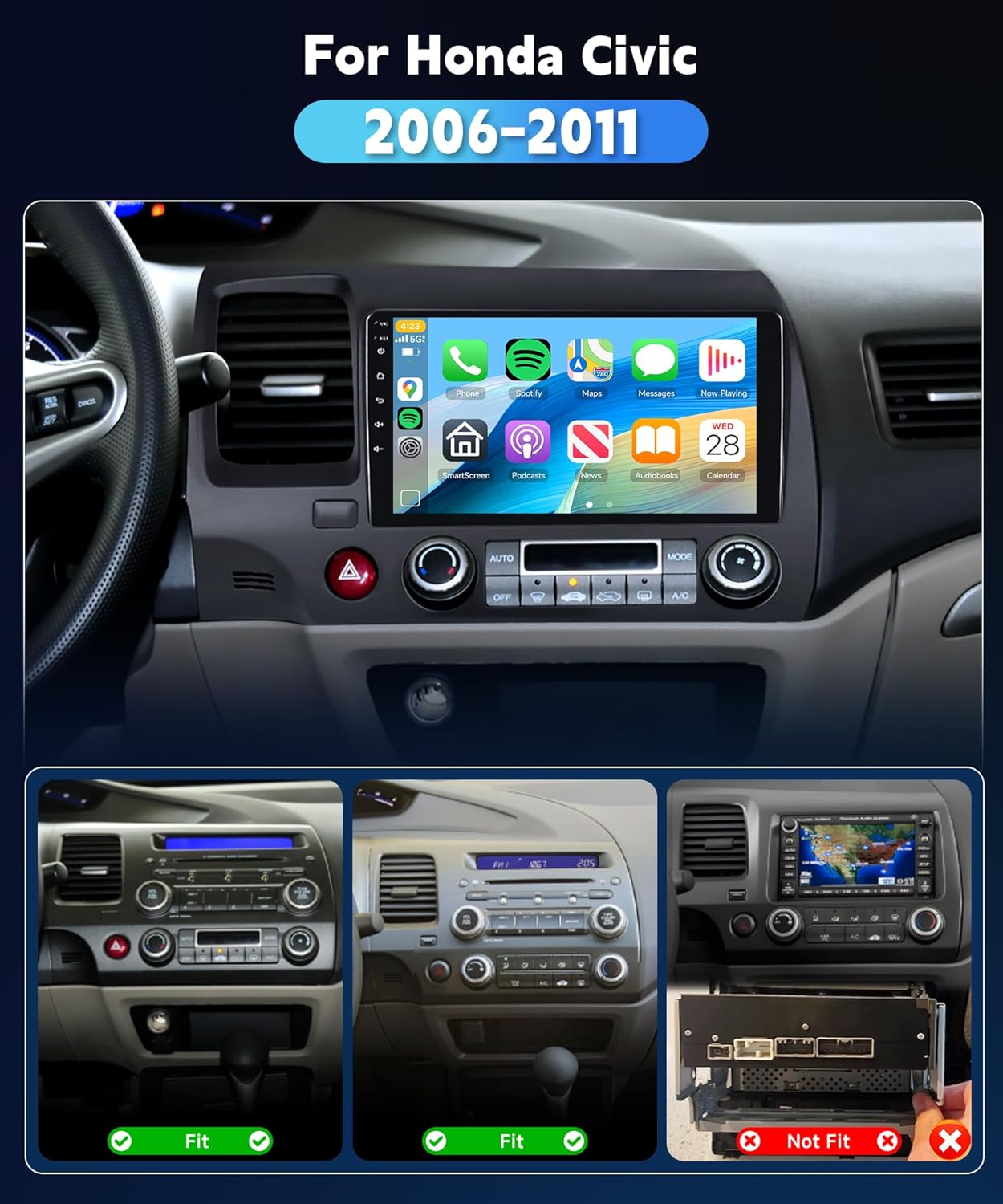 8Core4+64G Car Stereo for Honda Civic 2006-2011 Wireless CarPlay/Android Auto Android Radio with Qualcomm 9
