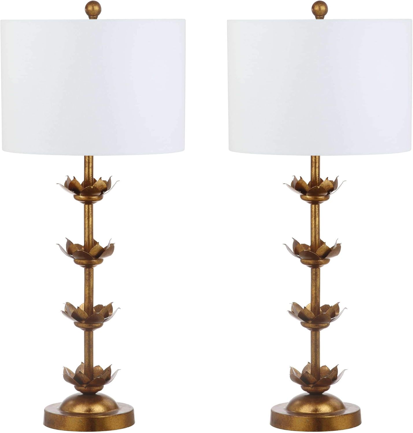 SAFAVIEH Lighting Collection – Set of 2 Lani Antique Gold Leaf 32-Inch Table Lamps, White Drum Shade, LED Bulbs Included, Bedroom Living Room Home Office (TBL4016A-SET2)