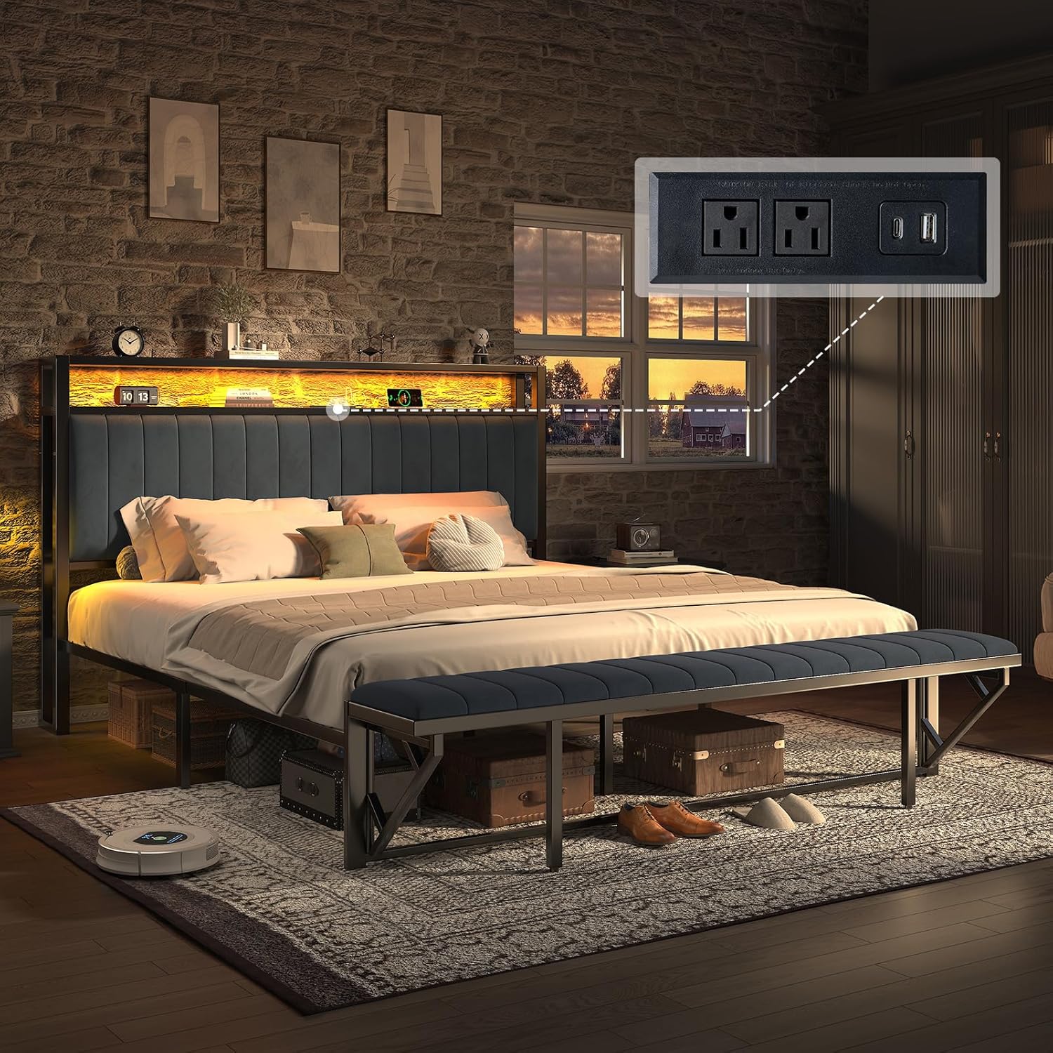 AMERLIFE King Size Bed Frame, Storage Headboard with Charging Station & LED Lights, Upholstered Platform Bed with Ottoman Footboard, Velvet Fabric, Metal Slats Support, Noisy Free, Grey